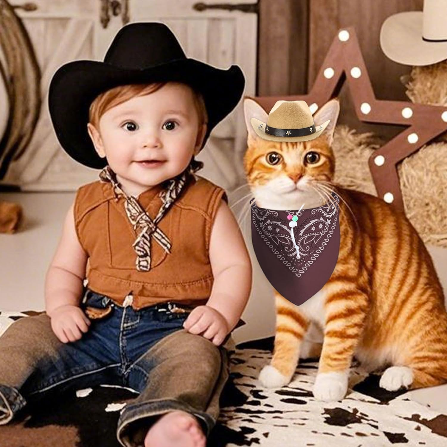 Laventy Cowboy Hat for Cats Brown Bandana Mini Pet Cowboy Costume for Halloween Party Decoration image number 3