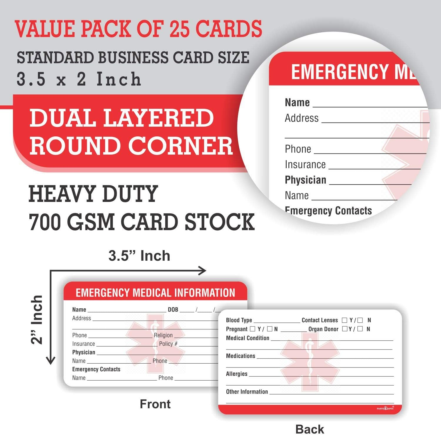 PARTH Impex Emergency Medical Information ID Card (Pack of 25) 3.5" X 2" round Corner 700 GSM Thick Card Stock image number 5