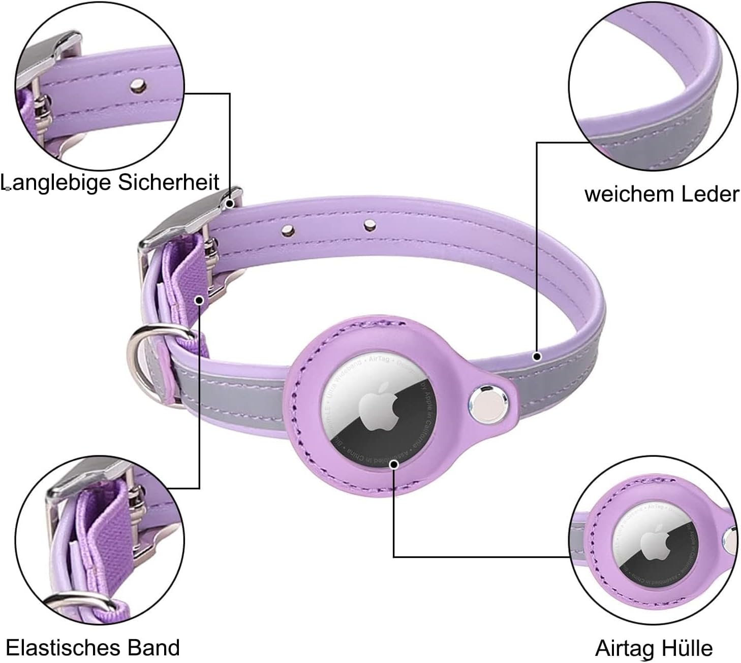 Airtag Cat Collar, Leather Airtag Collar Cat, Reflective Adjustable GPS Cat Collar Airtag Case for Tracking Cat Anti-Loss, Airtag Cat for Large/Medium/Small Cat (XS, Purple) image number 2
