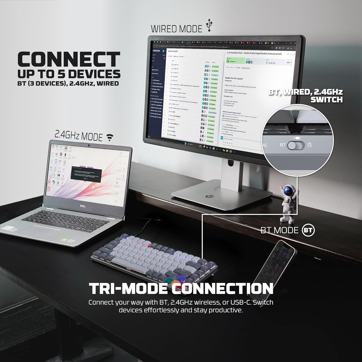 Fantech MK915 75% Wireless Mechanical Keyboard, Aluminum Frame Ultra-Thin Tri-Mode Connection Low Profile Ergonomic Keyboard PBT Double Shot Keycaps for Windows/Mac (Super Maxfit AIR83) (Brown Switch) image number 6