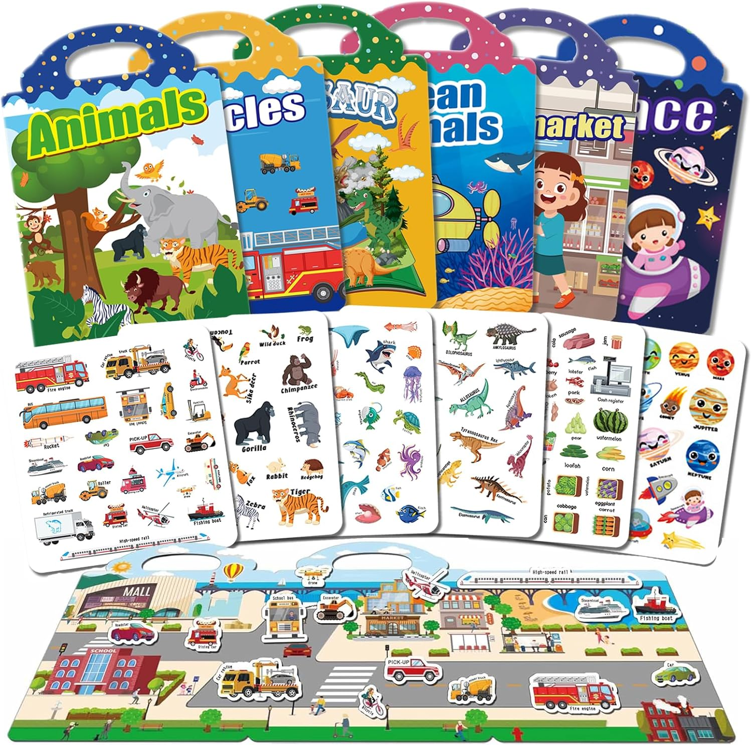 6Pack Sticker Books, 3D Puffy Reusable Sticker Book for Kids 2-4 Toys, Includes 6 Themes Ocean, Animals, Vehicles, Dinosaur, Supermarket, Space, Activities Book for Kids Party Favors Birthday Gifts image number 5