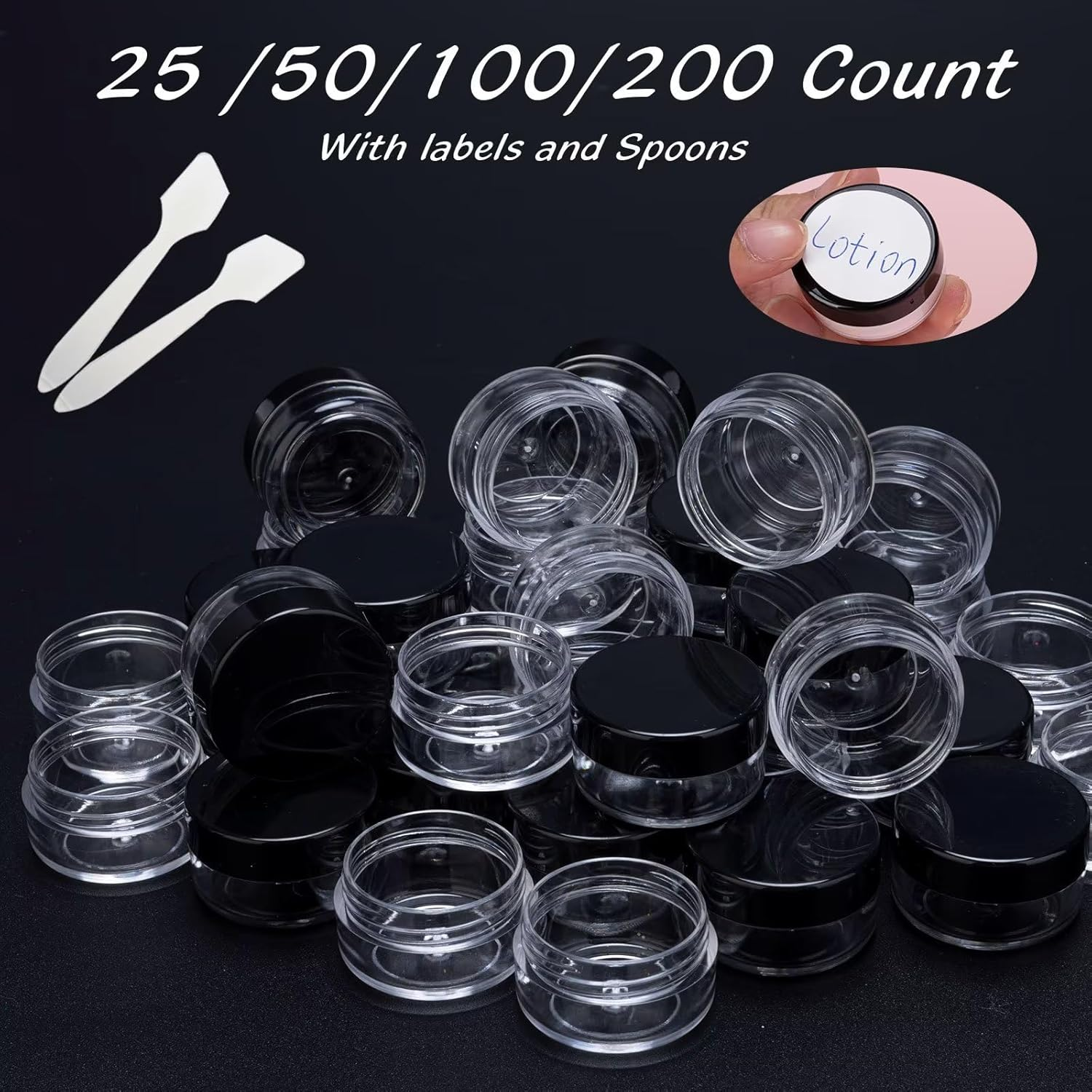 50 Count 5 Gram Sample Containers, Clear Lip Balm Containers with Lids, Small Plastic Sample Jars with 4 Mini Spoons, 50Pcs Labels (Black Lid) image number 1