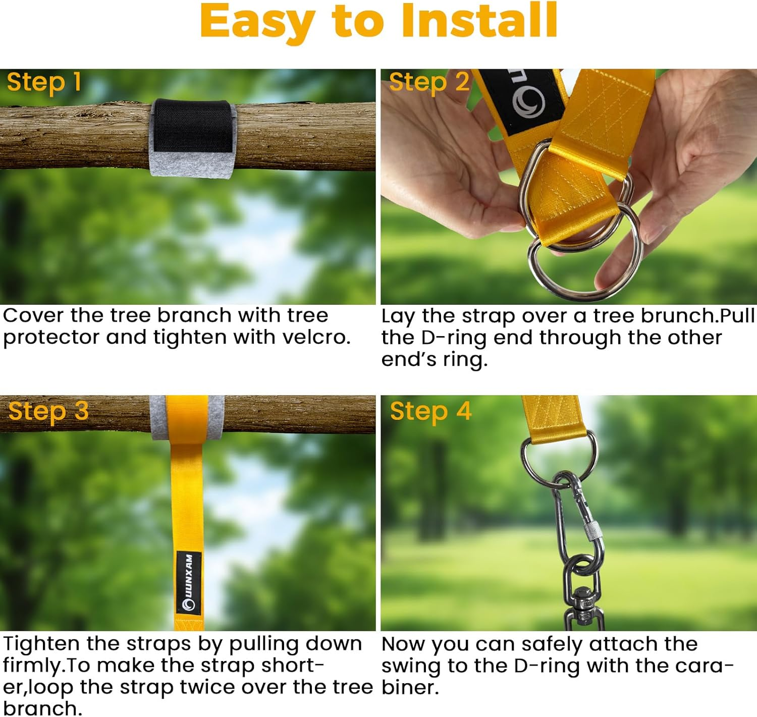 UUNXAM Tree Swing Straps, 2 Pack 6.56FT Tree Swing Hanging Straps Kit, 5000Lbs Capacity with Locking Carabiners & Tree Protectors, No Drill Installation for Swing and Hammock image number 6