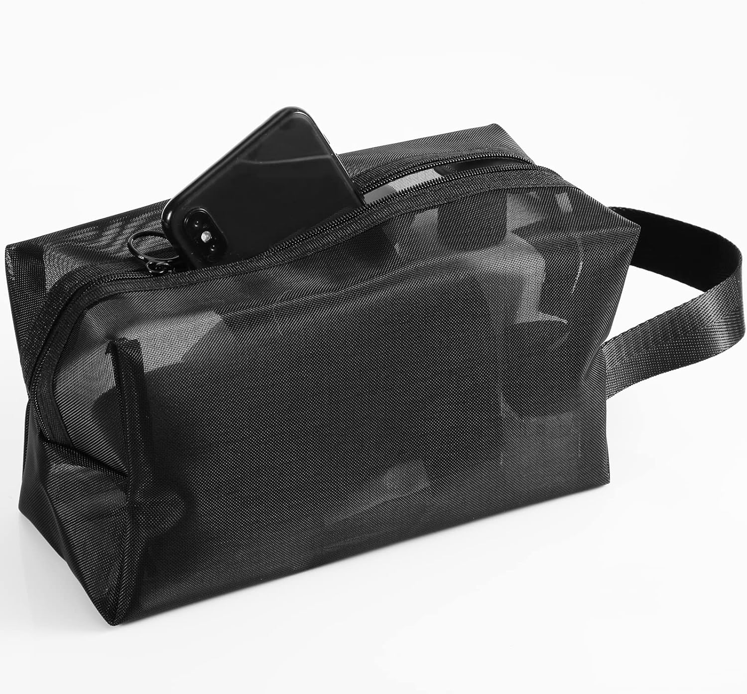 Black Mesh Shower Bag, Mesh Shower Caddy Portable Toiletry Bag Zippered Mesh Shower Bag Small with Handldes Hanging Carring Convenient for Travel, Bathroom, Cosmetics Organizer, Black, 21 X 12 X 8 Cm image number 4