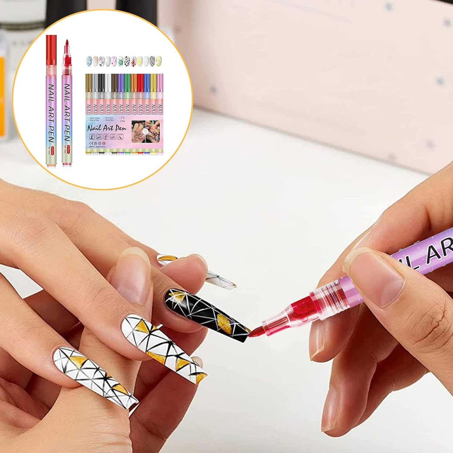 12PCS Nail Art Pens Set, Fine Tip 0.7Mm Waterproof Nail Art Markers for DIY Colorful Nail Designs - 12 Vibrant Colors, Ideal Nail Art Kit for Creative Manicure image number 5