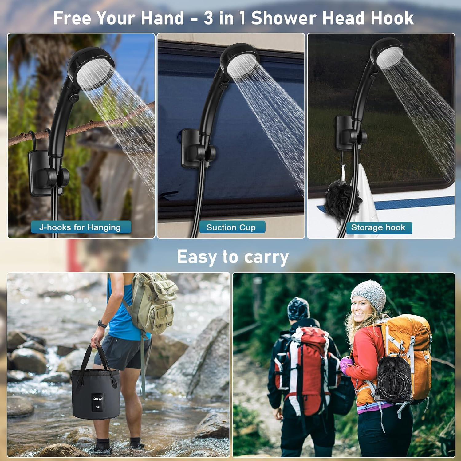 Spopal Portable Shower for Camping, [Long-Lasting] 6000Mah Rechargeable Camping Shower with Intelligent LED Display image number 3