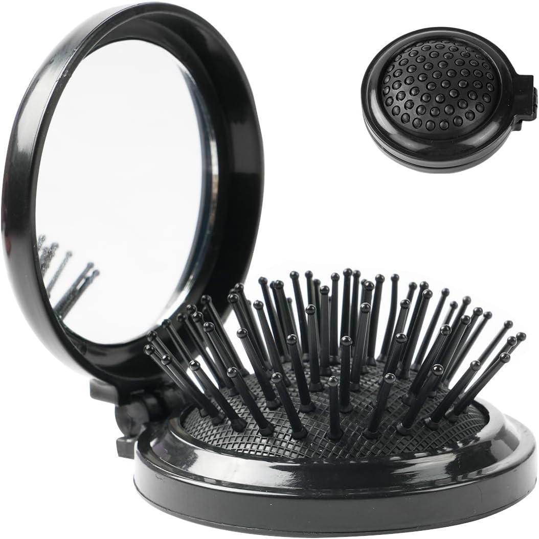 2 Pieces Folding Travel Mirror Hair Brushes, Pocket Hair Comb, Hair Brush with Mirror, round Mini Hair Brush for Women and Girls (Pink)