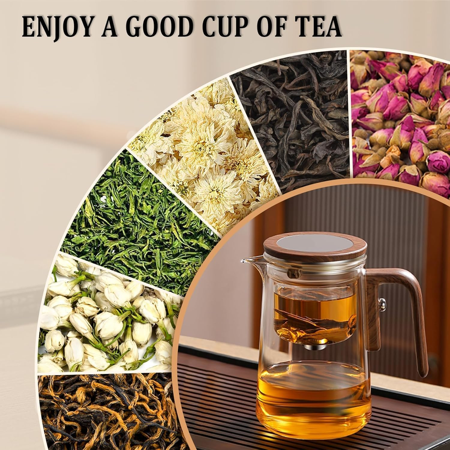 Glass Tea Pot, Magic Enchanti Tea Pot with Infuser, Loose Leaf Tea Kettle with Wooden Handle for Coffee and Tea, 800Ml