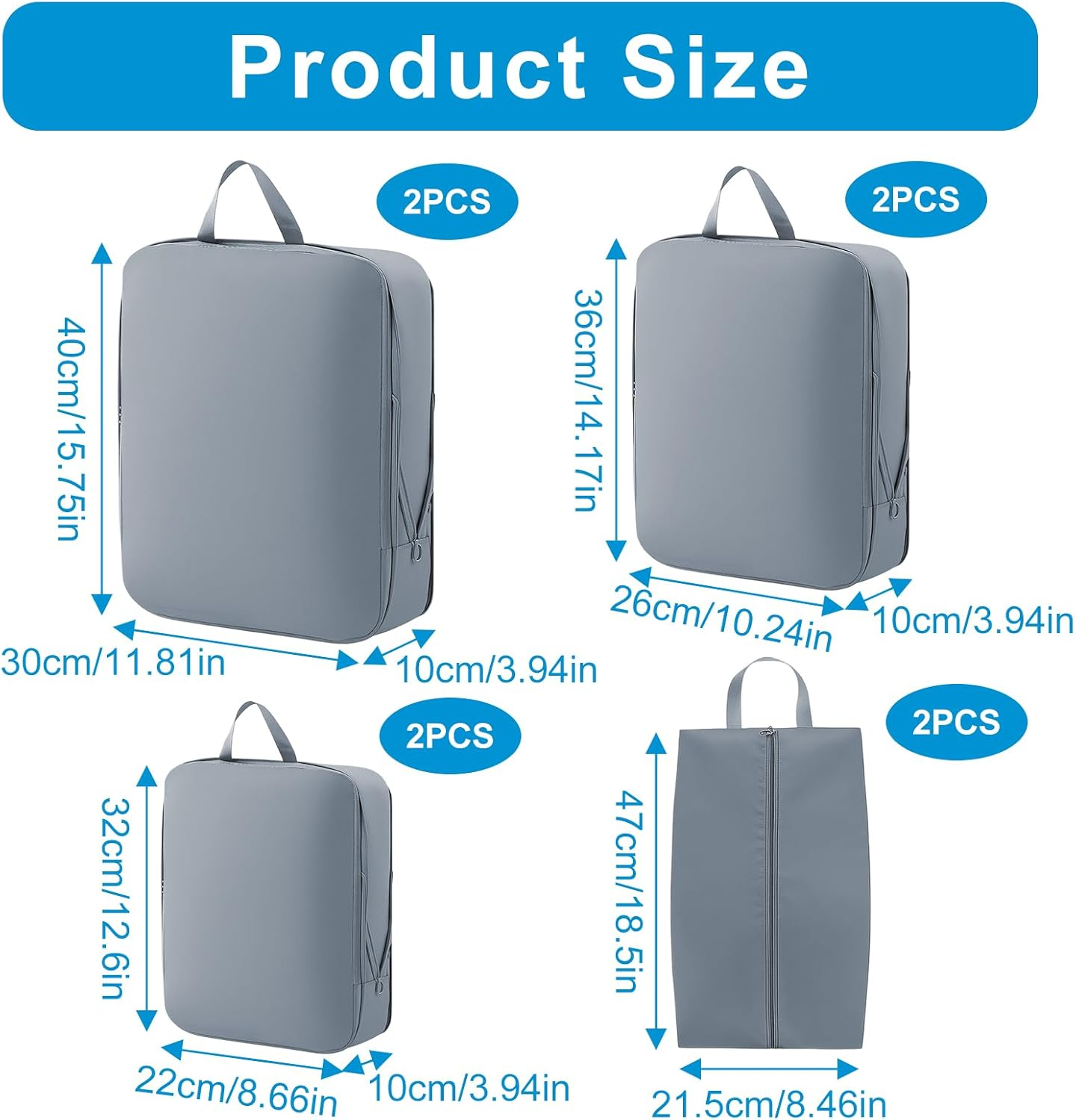 Compression Packing Cubes 8-Piece Set, Gray Polyester Travel Organisers for Luggage, Makeup & Bedroom Storage, Modern Minimalist Style with Large Medium Small Cubes (2 Each) and 2 Shoe Bags image number 1