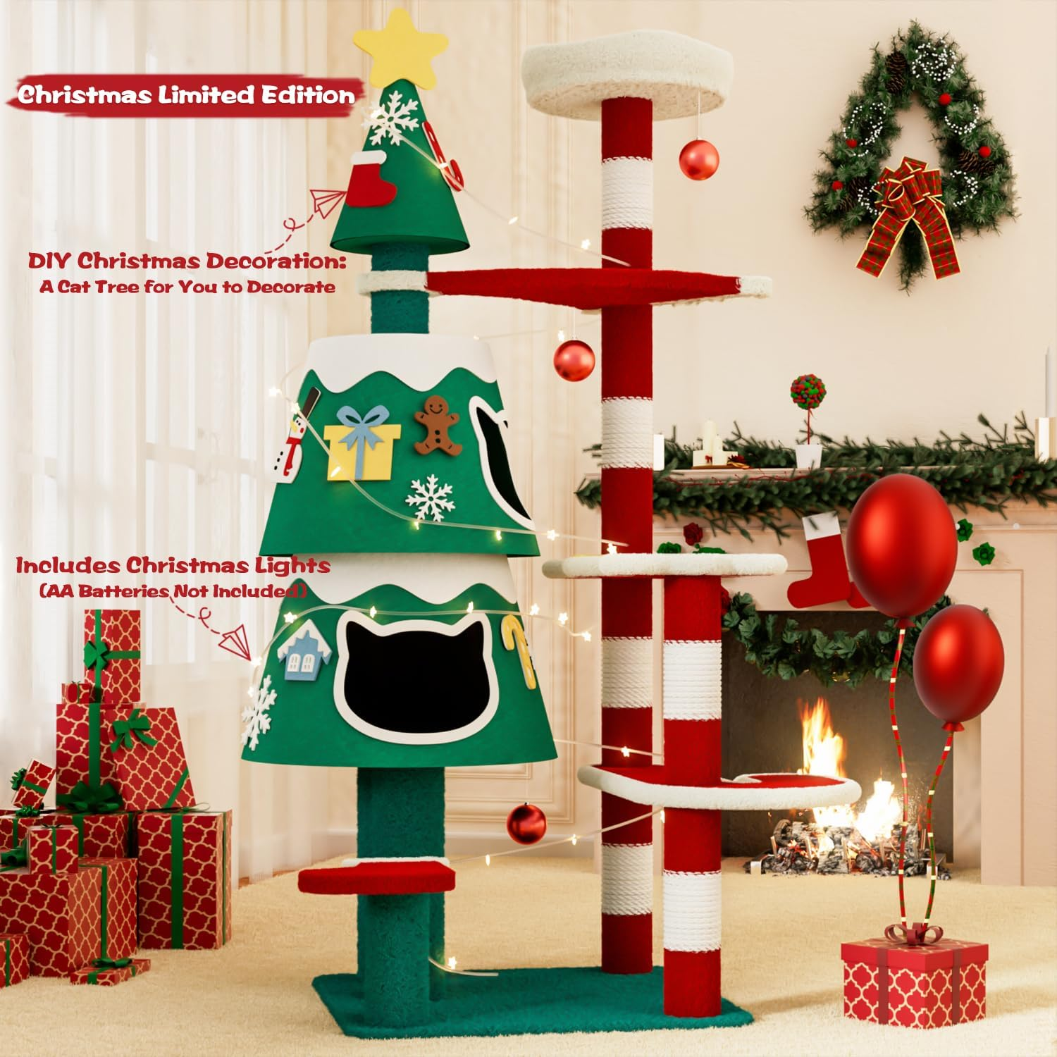 Christmas Cat Tree, Cat Tower for Large Cats with 2 Condos, Indoor Cat Tree Tower 144 Cm image number 4