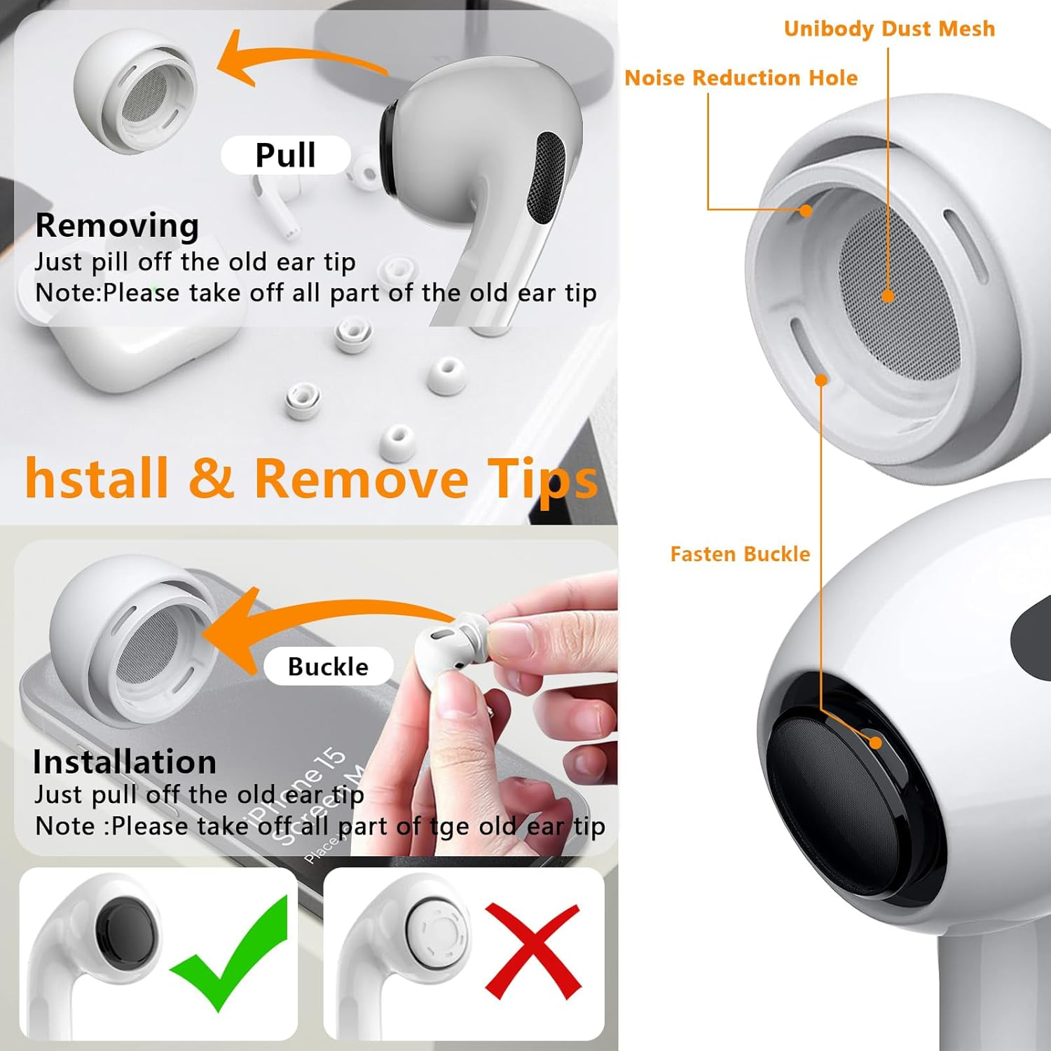 3 Pairs Replacement Ear Tips for Airpods Pro 1/2 with Portable Storage Case with Noise Reduction Holes，Anti-Slip Soft Silicone Earbud Tips for Airpods Pro，Different Sizes (S/M/L) image number 6