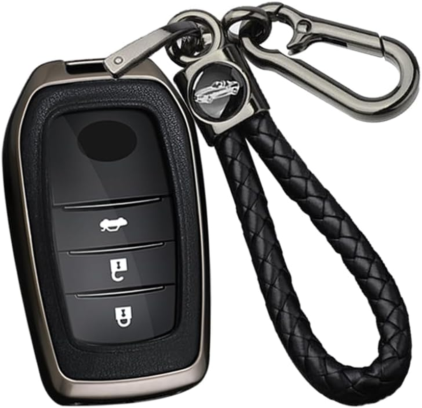 Ontto Alloy Car Key Fob Cover Fit for Toyota Land Cruiser 200 300 Prado Crown Yaris Cross Hilux Innova Fortuner Camry Leather Key Case Shell Key Holder Keyring Keychain Accessories Silver-Black