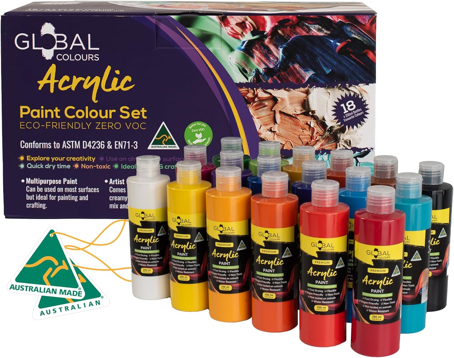 GLOBAL COLOURS Acrylic Paint Set &ndash; 18 X 250Ml Bottles &ndash; Made in Australia | Non-Toxic Artist Paint for Canvas, Wood, Paper, Ceramics &ndash; Rich Colours for Classrooms, Studios & Professionals image number 1