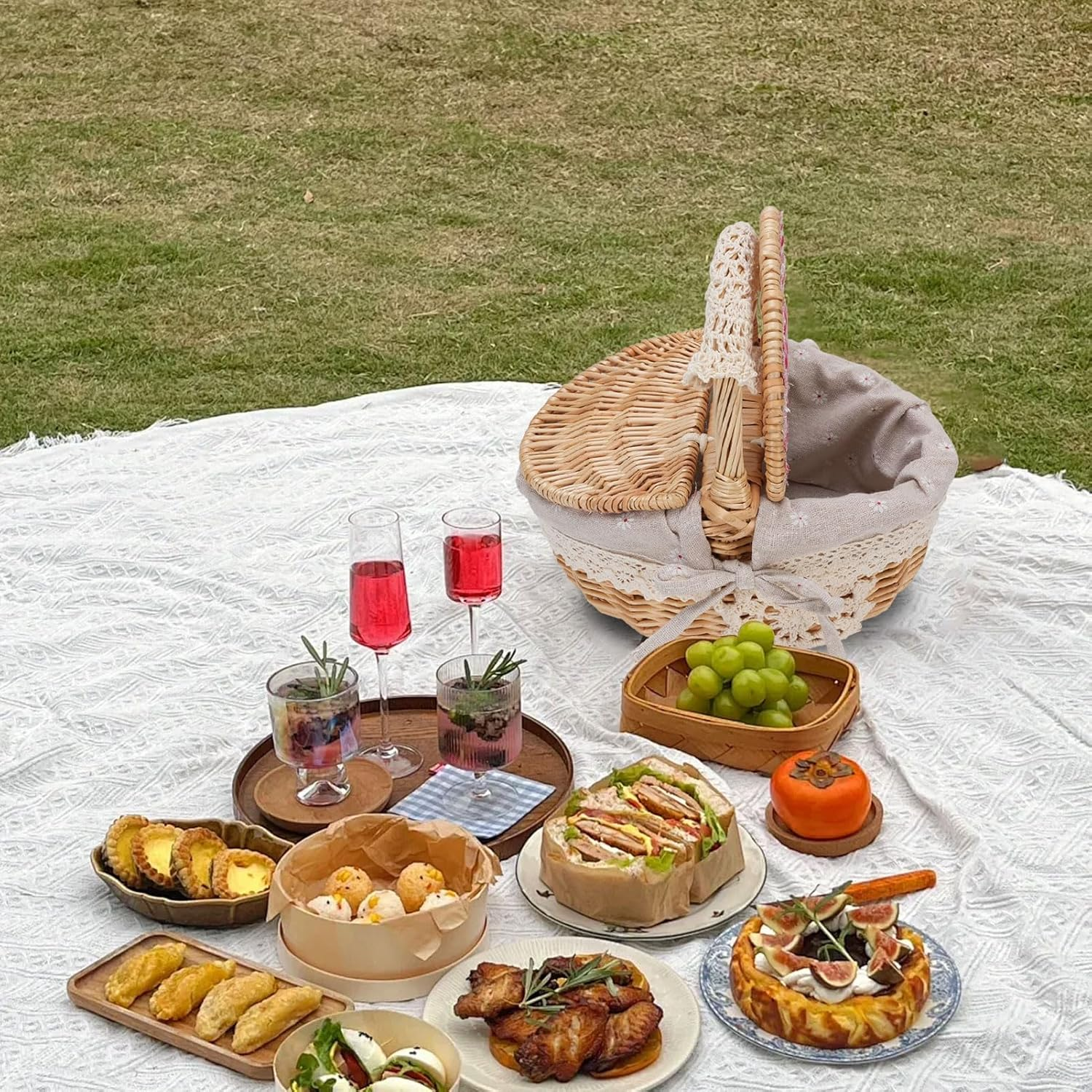 Wicker Picnic Basket with Removable Liner, Empty Picnic Hamper with Lid and Handle for Outdoor Camping, Wicker & Linen Cotton, 25.5X18X25Cm (Daisy) image number 6