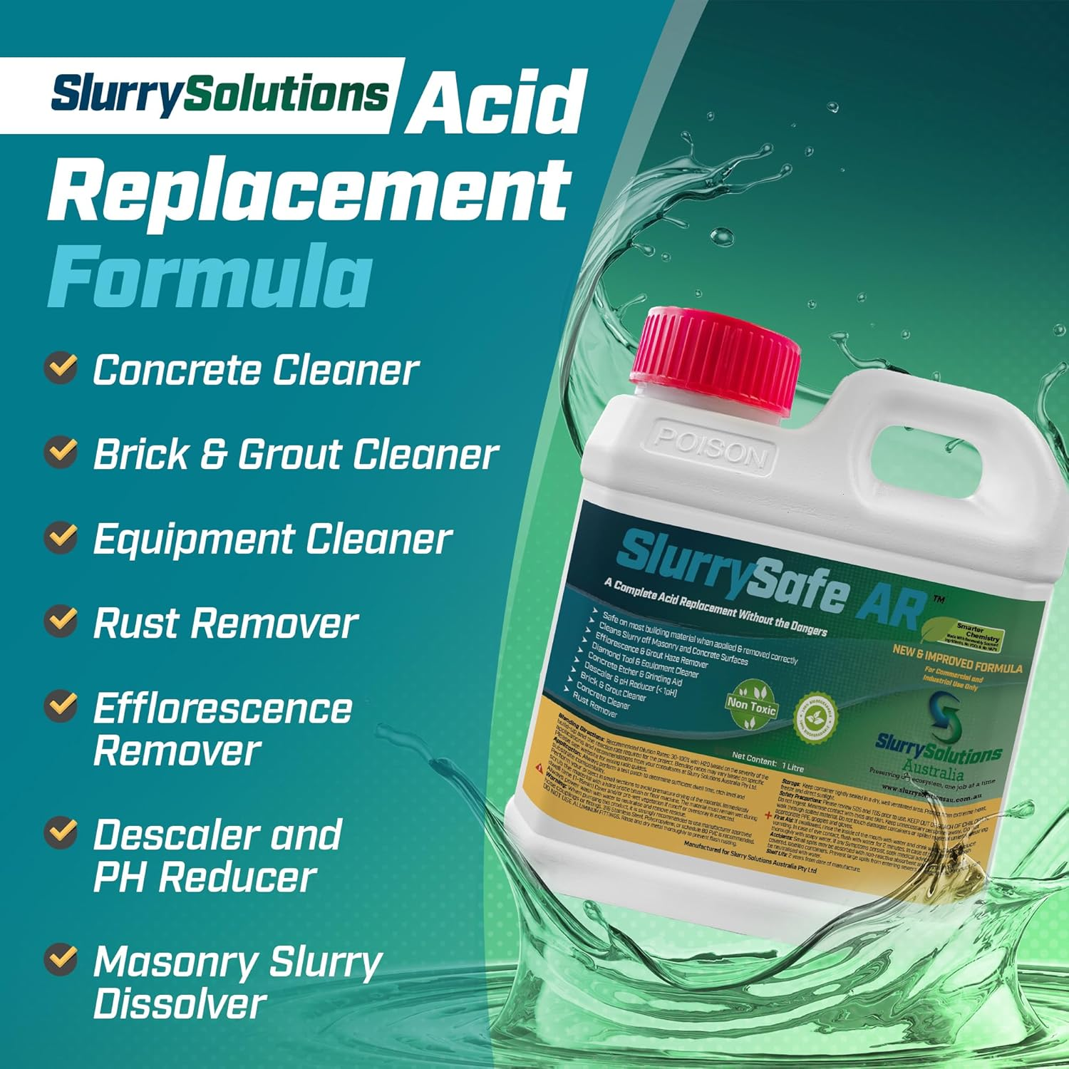 Slurry Solutions Acid Replacement Cleaner Concentrate - Tile, Stone, Brick & Grout Cleaner & Rust Remover - Non Toxic & Odorless Multi Surface Cleaner & Concrete Etcher - 1 Litre image number 3