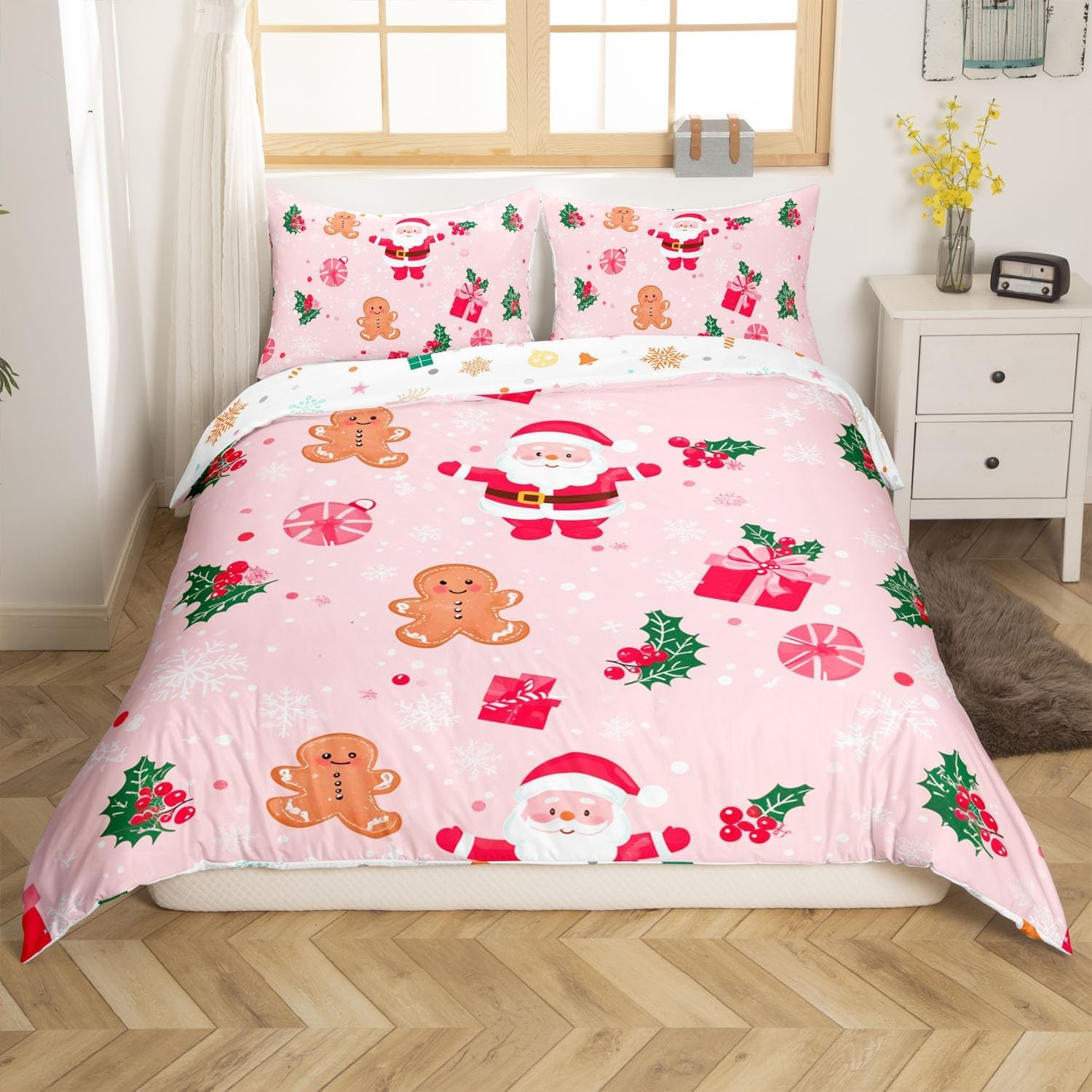 Kawaii Santa Claus Bed Linen Set for Children Girls Teens, Pink Christmas Duvet Cover 155 X 220, Cartoon Cute Gingerbread Man Comforter Cover, Christmas Candy Snowflake Bed Set Xmas Decor image number 1
