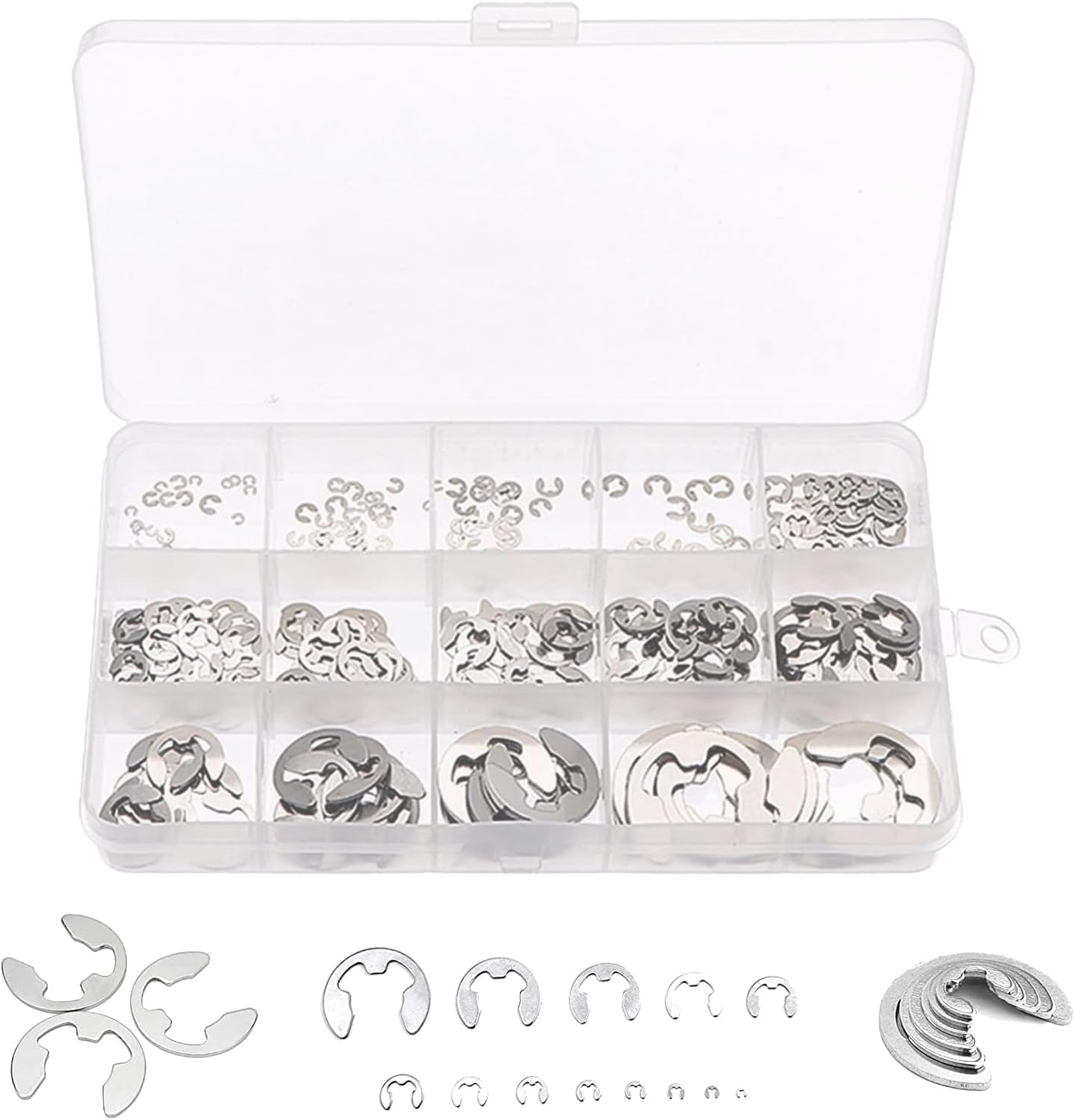 E-Clip Retaining Rings Assortment Set,290Pcs 304 Stainless Steel 1.2-15Mm,13 Different Sizes E Circlip Retainer Rings for Projects Car Engines,Locking Mechanisms and Other Shafts image number 5