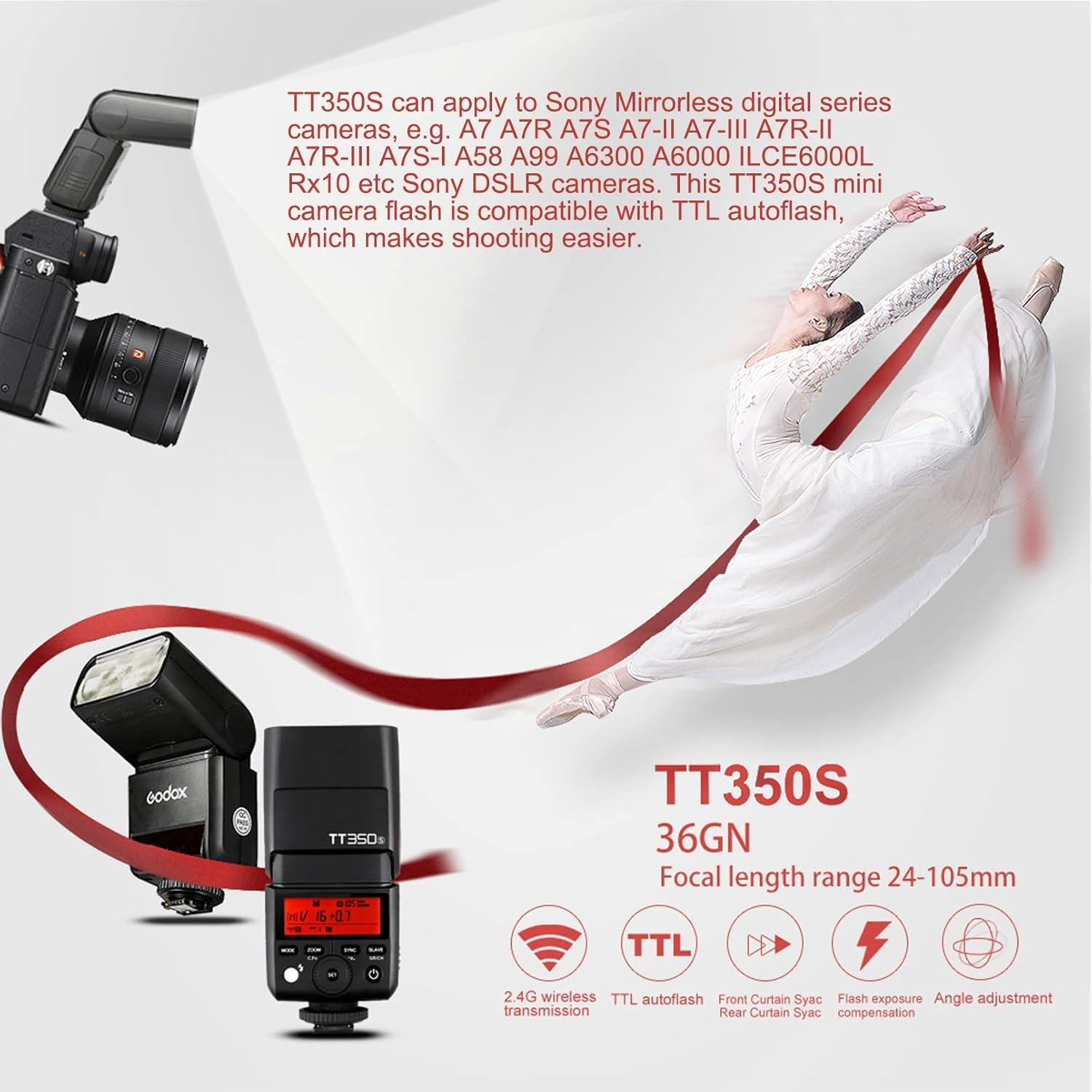 Godox TT350S Mini TTL Flash Speedlite for Sony Cameras, 2.4G HSS 1/8000S GN36 Camera Flash Speedlite Compatible with Sony A7III A7IV A7R A7S A7 A7-II A7-III A7R-II A7R-III A6400 A6300 A6000 image number 4