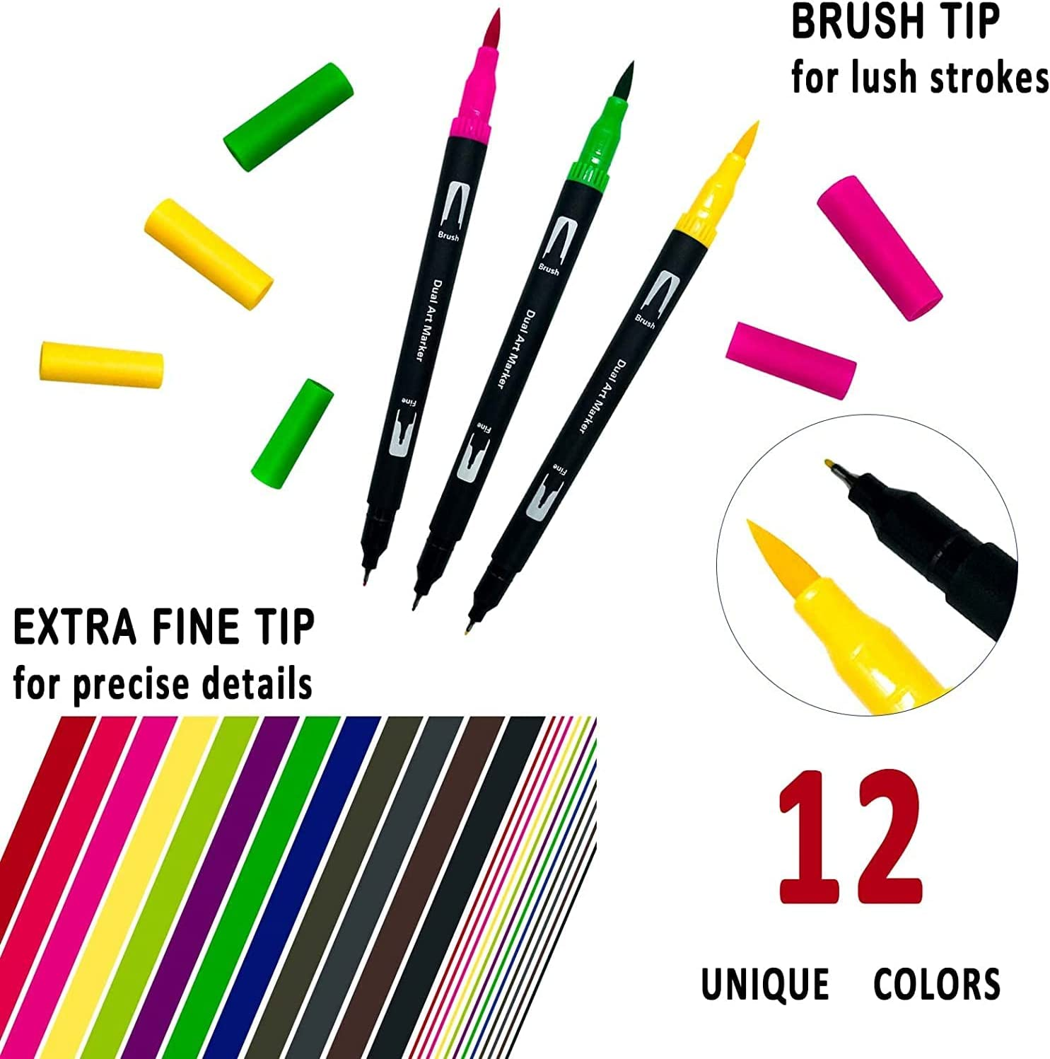 ZDY Dual Brush Pen Art Markers,12 Colored Highlighter Pen Brush and Fine Tip Markers for Kids Adult Coloring Books Bullet Journals Planners, Note Taking Coloring Writing, DIY Card Making image number 5