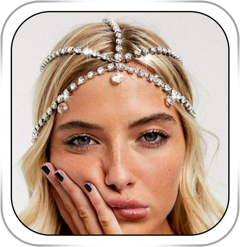 Fdesigner Crystal Head Chain Wedding Headpieces Rhinestone Bride Hair Jewelry Boho Party Teardrop Headband Hair Accessories for Women and Girls (Silver-Boho)