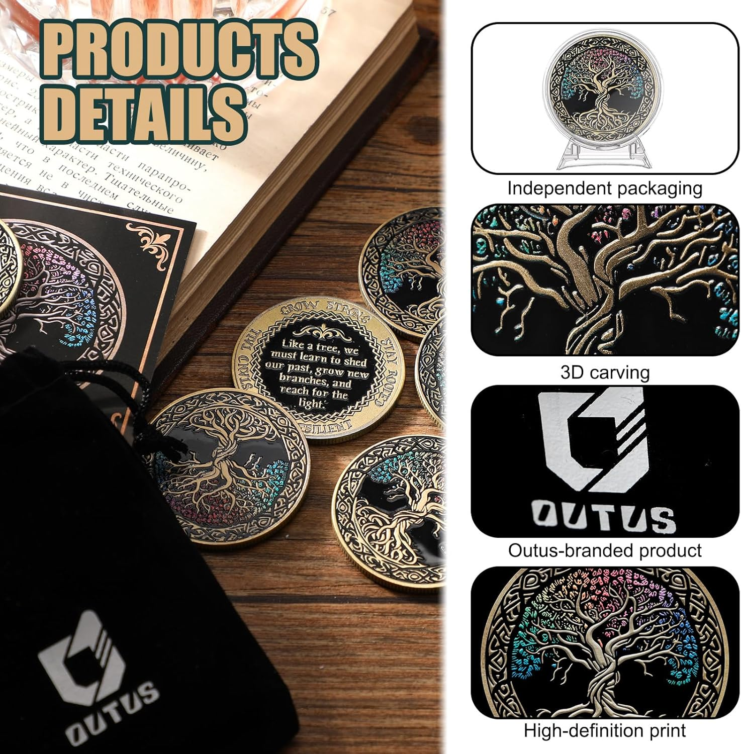Outus 12 Set Affirmation Sobriety Coin Gift Tree AA Chip Medallion with Coin Capsule, Display Stand and Card Alcoholics Anonymous Medallion Sobriety Gifts for Anniversary Men and Women in Recovery