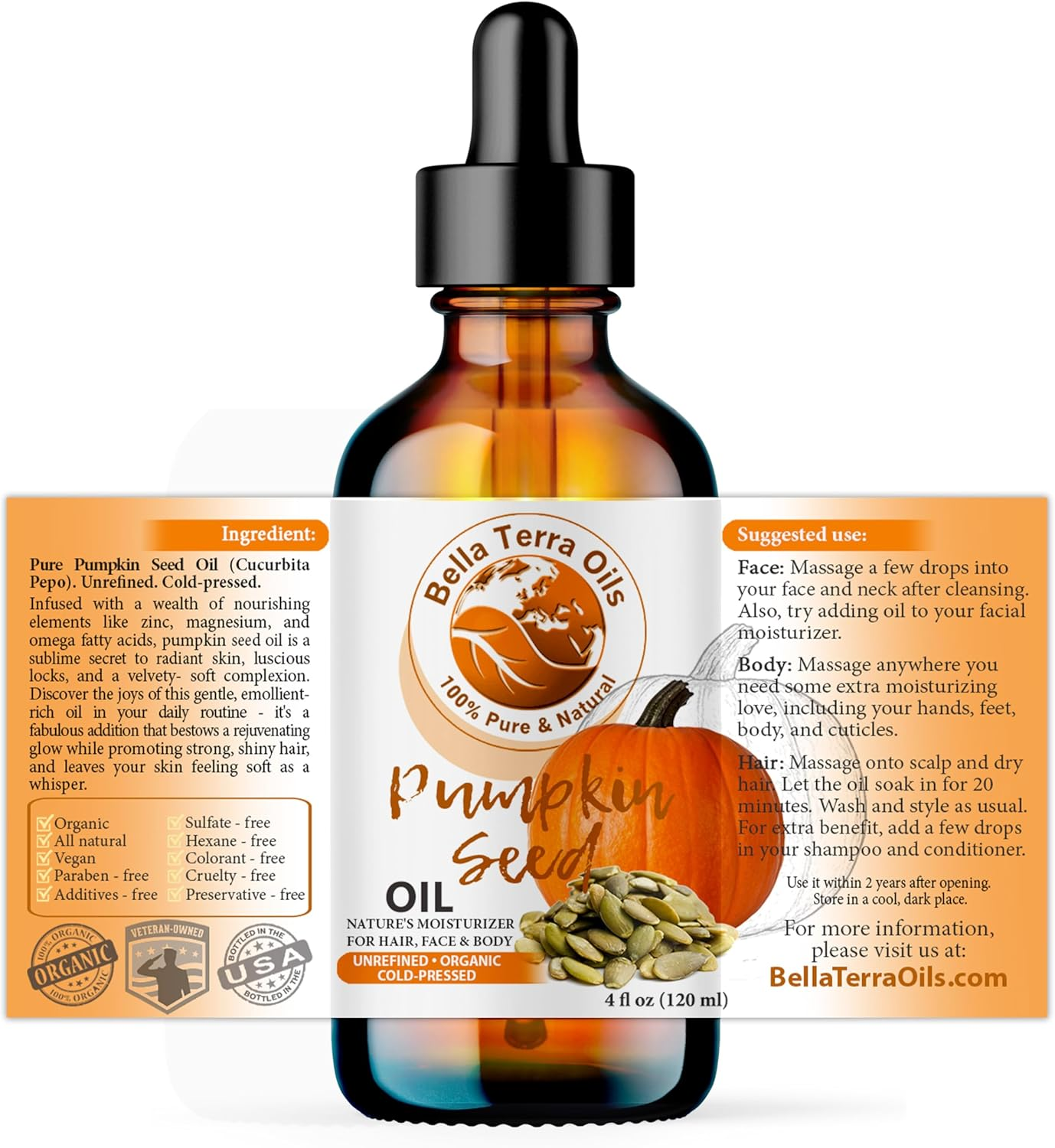 NEW Pumpkin Seed Oil. 120Ml Cold-Pressed. Unrefined. Organic. 100% Pure. Anti-Ageing. Hexane-Free. Fights Wrinkles. Softens Hair. Natural Moisturiser. for Hair, Face, Body, Nails, Beard, Stretch Marks. image number 6