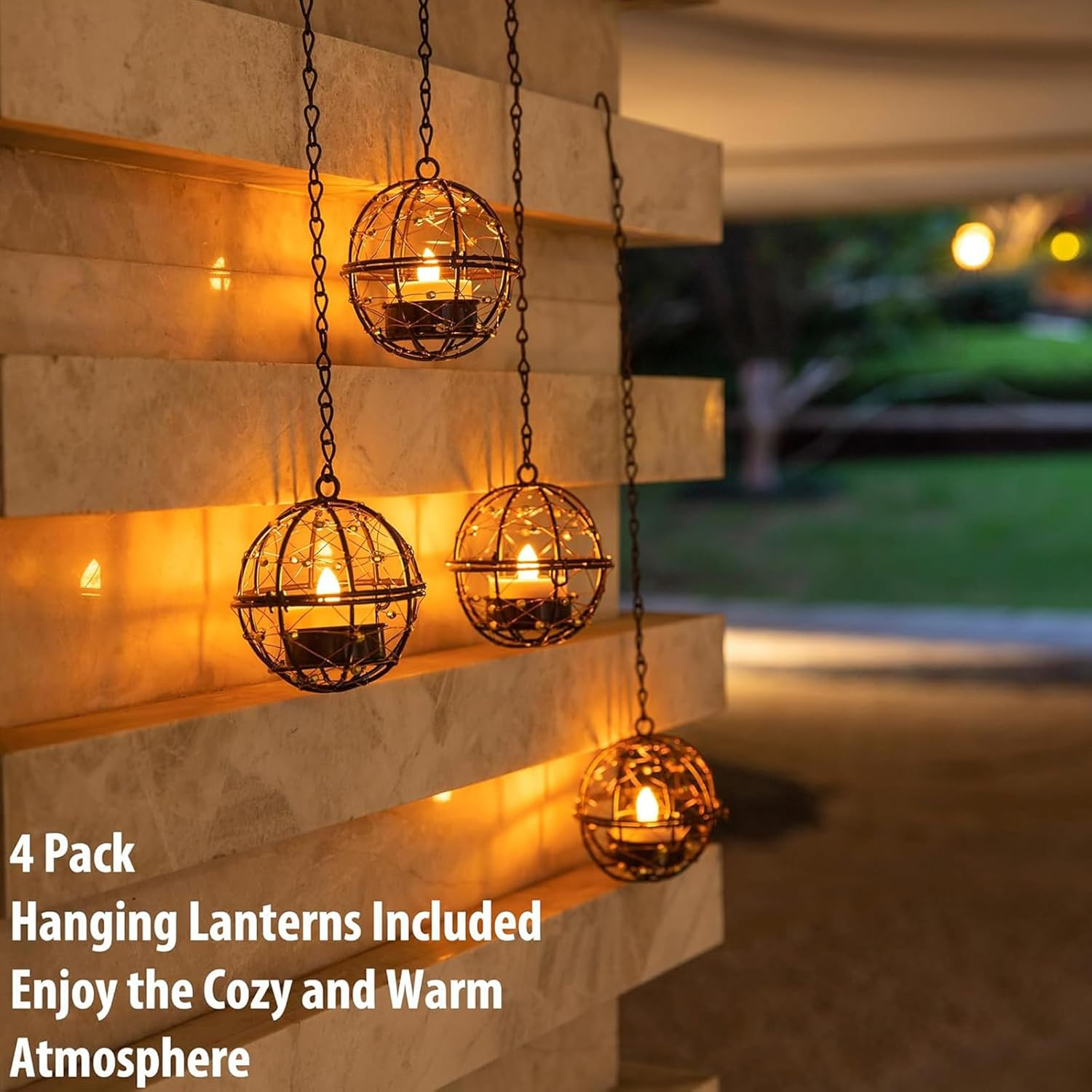 Outdoor Solar Hanging Lanterns Waterproof, Globe Hanging Candle Holder with Flickering Solar Powered Tea Lights, Chargeable Chandelier Light for Backyard Patio Garden Fence Tree Decoration-4Pack image number 1