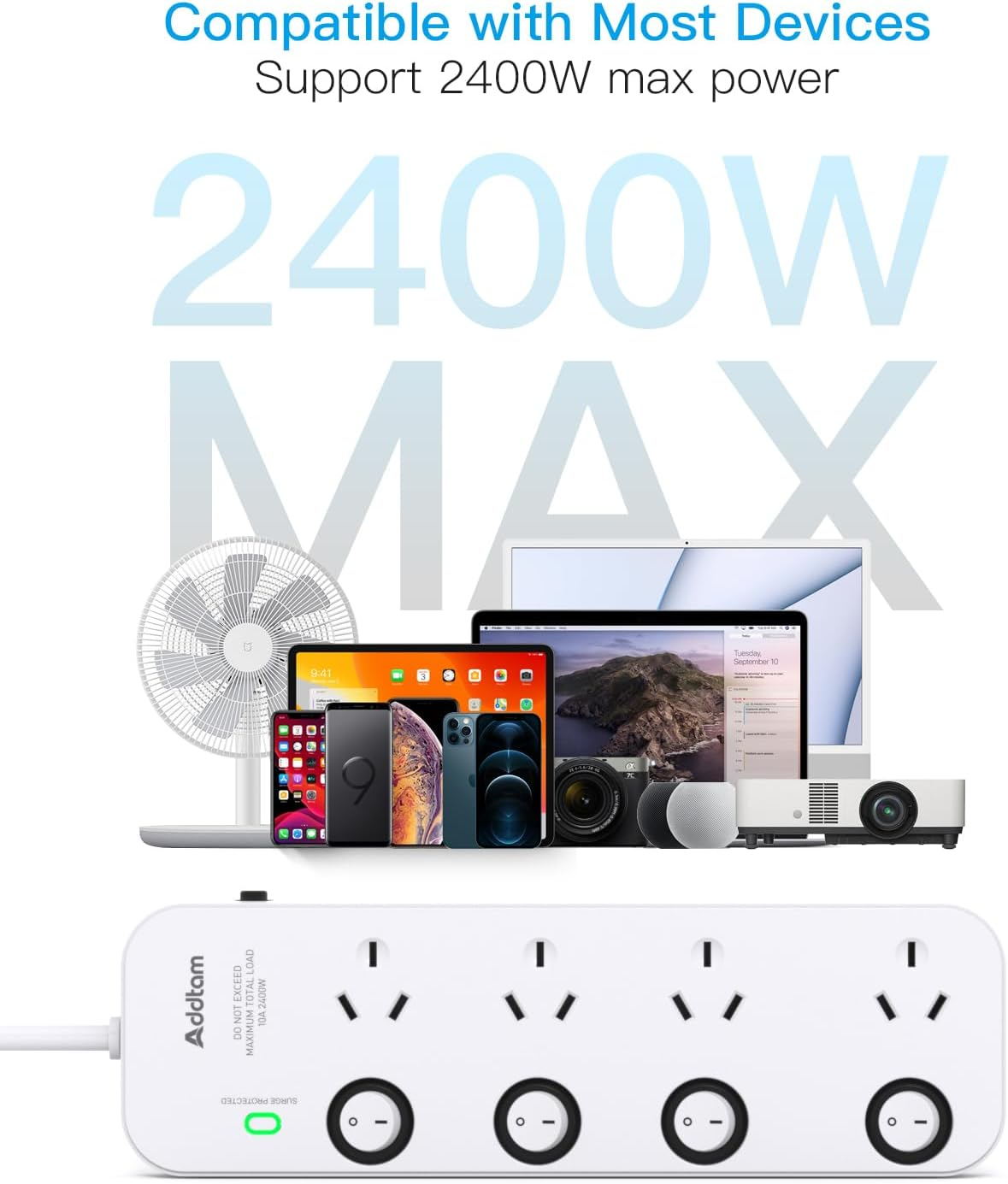 Power Board Surge Protected with Individual Switch, Powerboard with 4 Wide Spaced AC Outlets, 1M Extension Cord for Home Office Desk, Overload Protection, 350 Joules image number 1