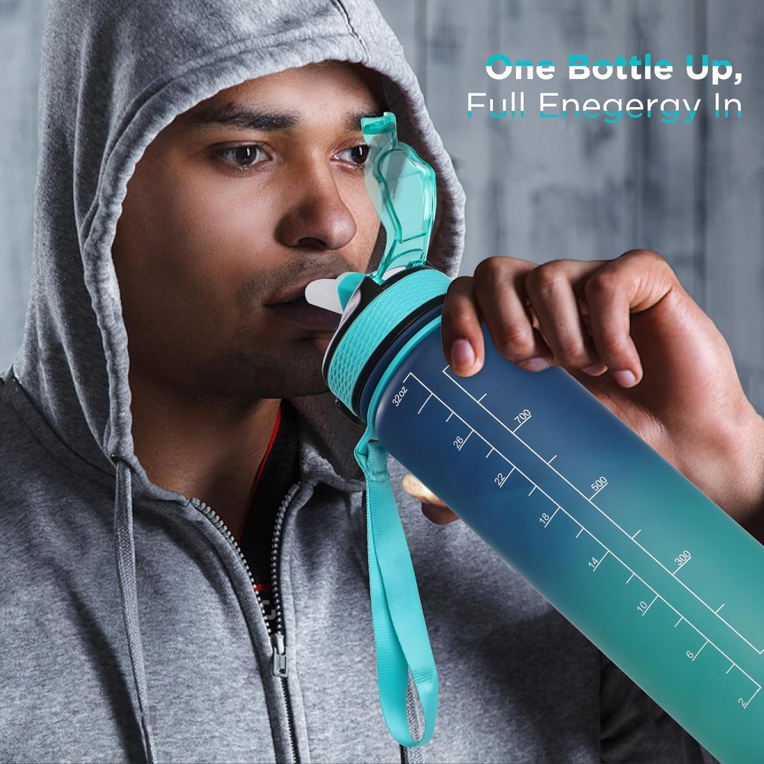 Geeric Sports Water Bottle, 1 Litre Drinking Bottle with Scale & Time Marker Leak-Proof Large Capacity Bottle Straw Cap Durable for Teenager, Adult, Sports, Gym, Fitness, Outdoor, Cycling 32Oz/1000Ml - Blue image number 2