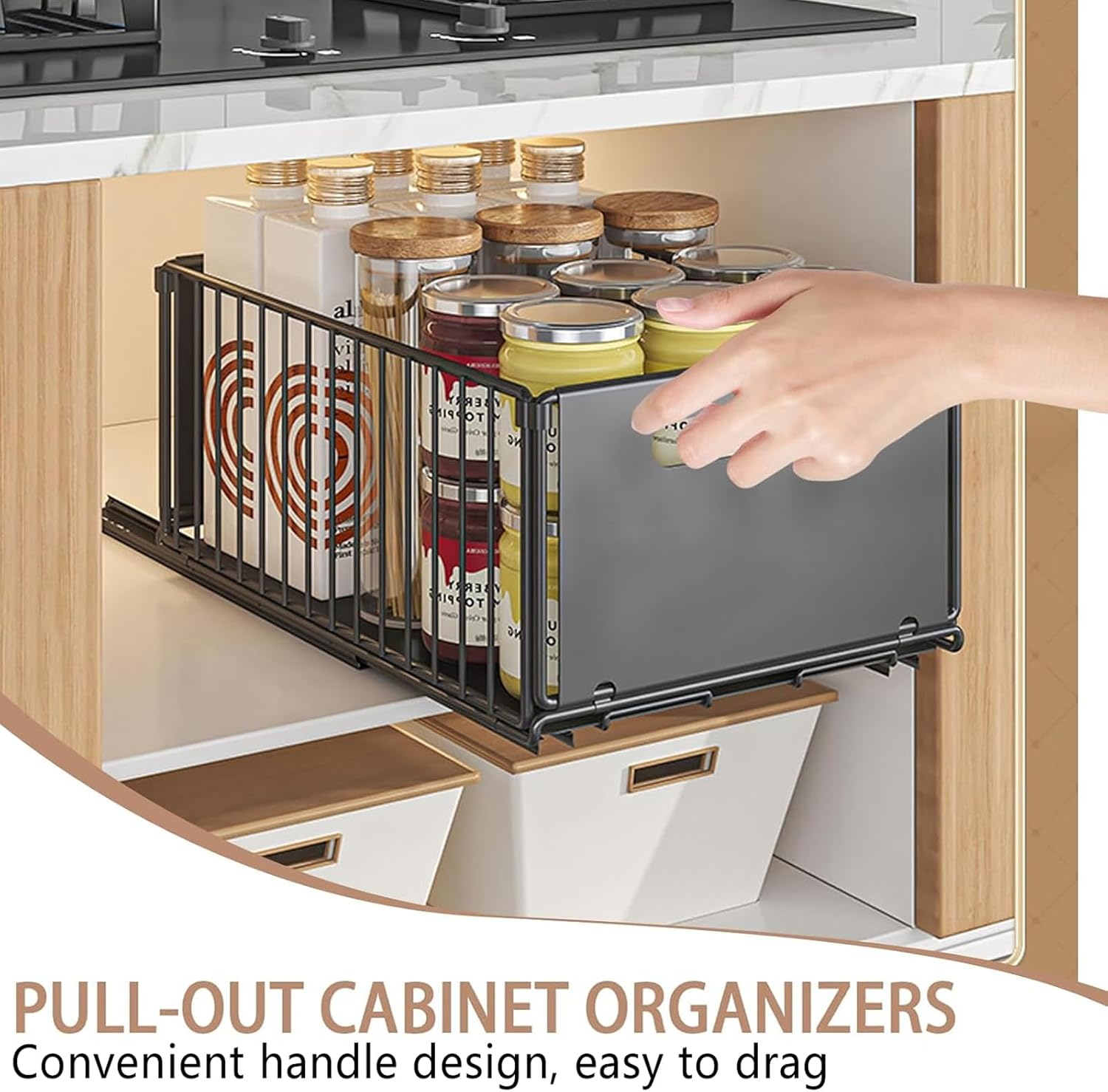 2 Pack Pull Out Drawers for Cabinets, Foldable Pull Out Cabinet Organizer, Slide Out Cabinet Organizer for Kitchen, Roll Out Shelf Storage for Kitchen, Pantry, Bathroom (Black) image number 5