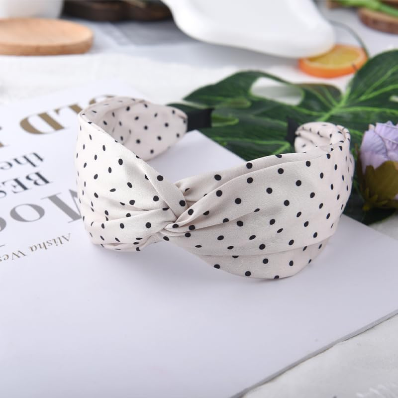 Polka Dot Headband Top Knot Headband for Women Polka Dots Head Band Wide Knotted Headbands for Women Girls Polka Dot Hairband Fashion Beige Hair Accessories - Beige image number 2