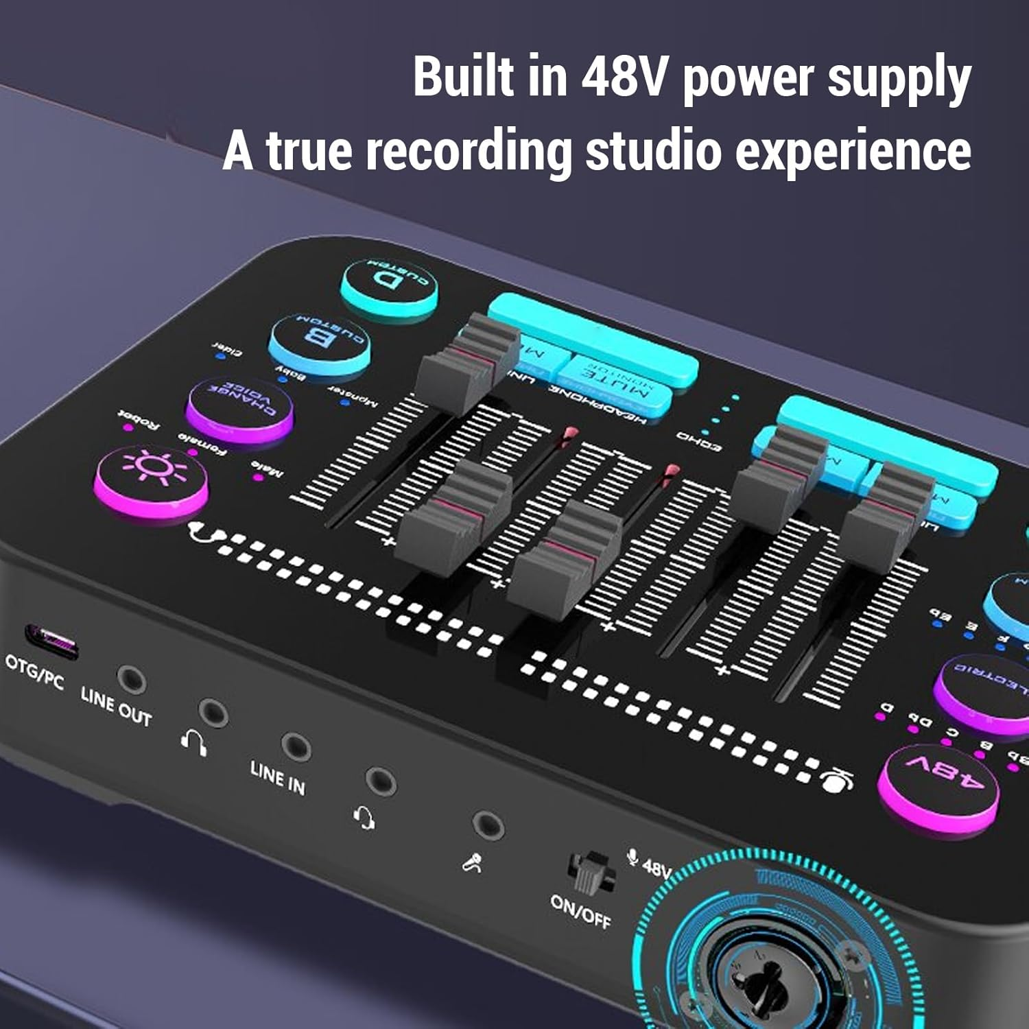 Gaming Audio Mixer, Streaming RGB PC Mixer, with 48V Phantom Power, BT, Individual Control, Volume Fader, Mute Button, for Podcast, Recording image number 5