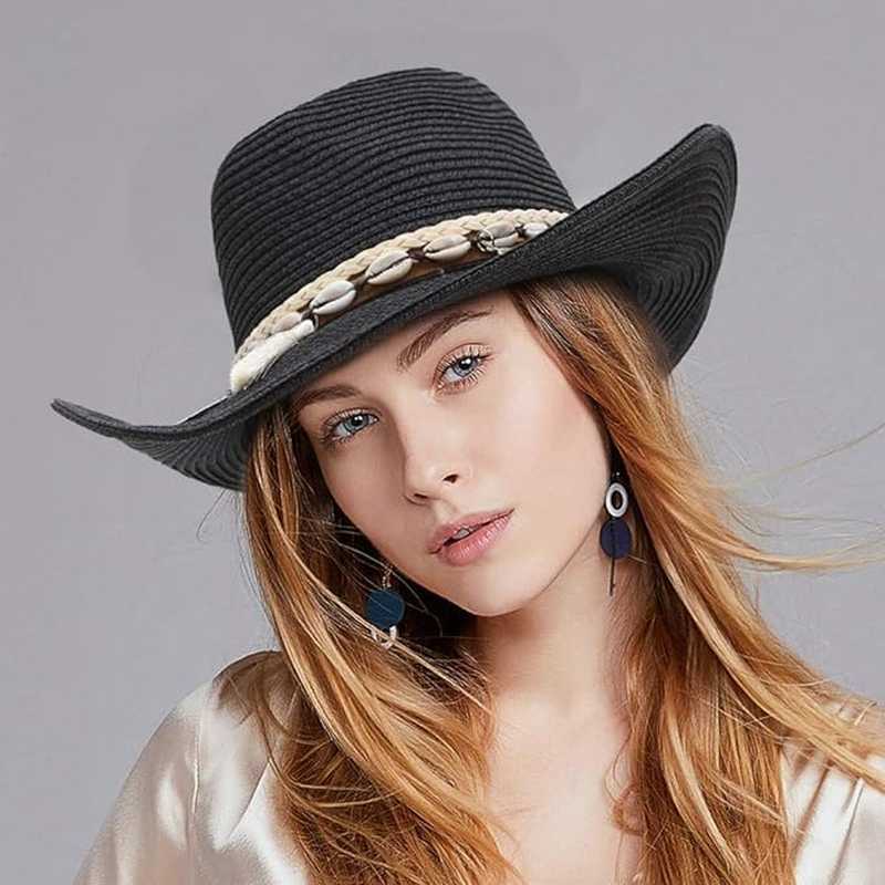 Women Men&rsquo;S Cowboy Hat Western Summer Straw Hat for Girls with Wide Brim & Shell Tassels Trendy Lady Beach Sun Hats image number 3