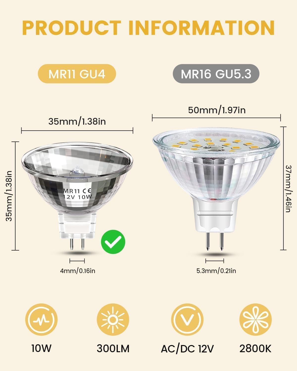 Bonlux MR11 12V 10W Spotlight Bulb 2 Pin 35Mm GU4 Halogen Bulbs, MR11 Bulb Dimmable Warm White 2800K Glass Cover for Kitchen, Bathroom Lighting, Pack of 8 image number 3