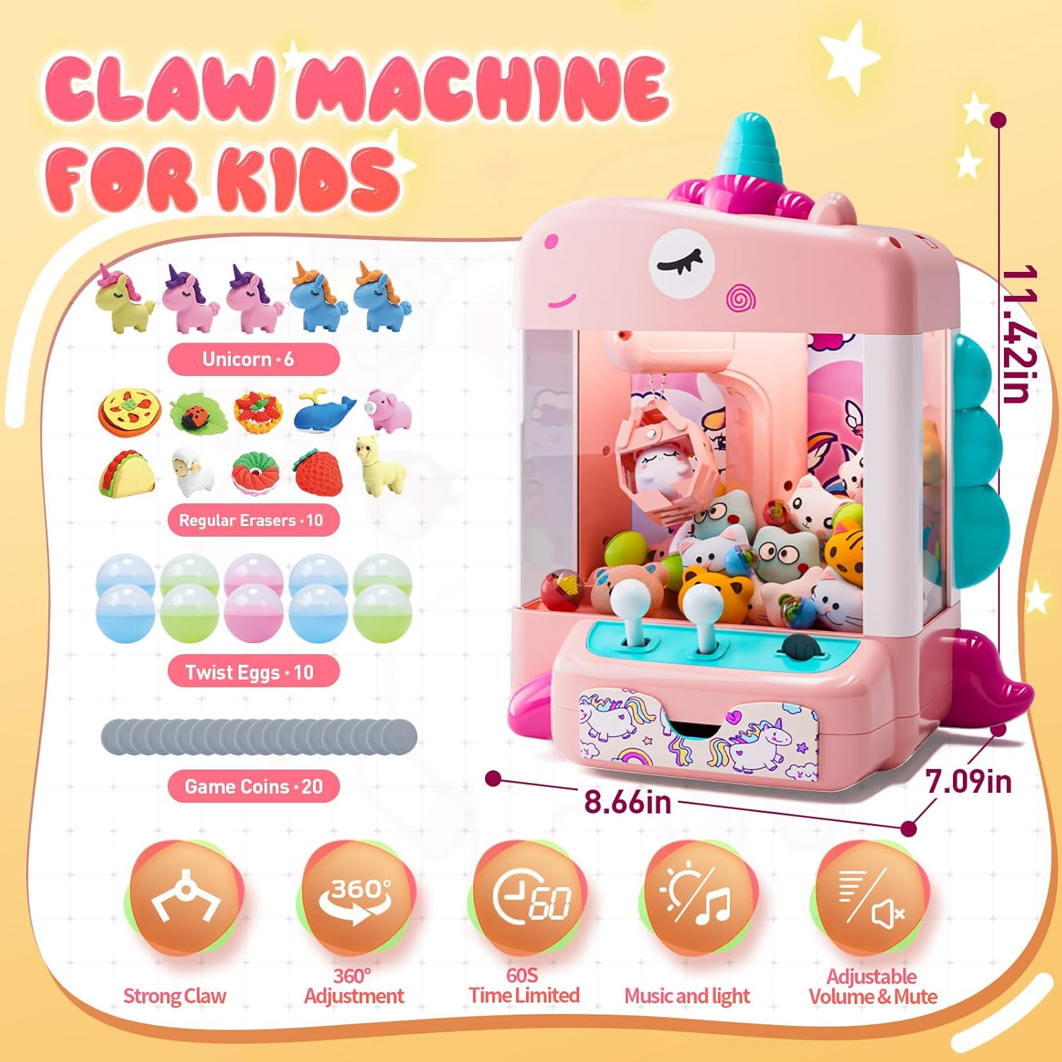Skirfy Unicorns Claw Machine, Mini Vending Machine with Lights & Music, Adjustable Sound, Candy and Electronic Prize Dispenser, Includes 45 Toys, Candy and Birthday Gift for Kids Girls Ages 3 4 5 6 image number 3