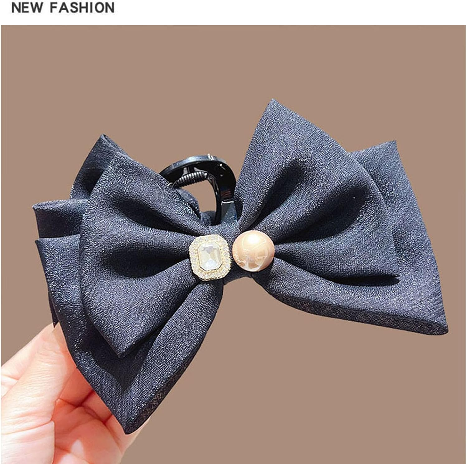 Tulle Bow Hair Clip with Rhinestones - Large Claw Hair Accessory for Thick Hair Ponytails, Chiffon Bow and Mesh Bowknot (Black)