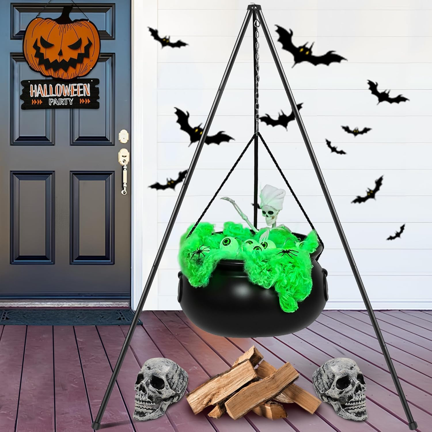 Halloween Decorations Outdoor Witches Cauldron, Large Cauldron on Tripod with String Lights, Skeleton and Eyeballs, Suitable for Halloween Party Indoor Porch Outdoor Lawn Yard Decor image number 6