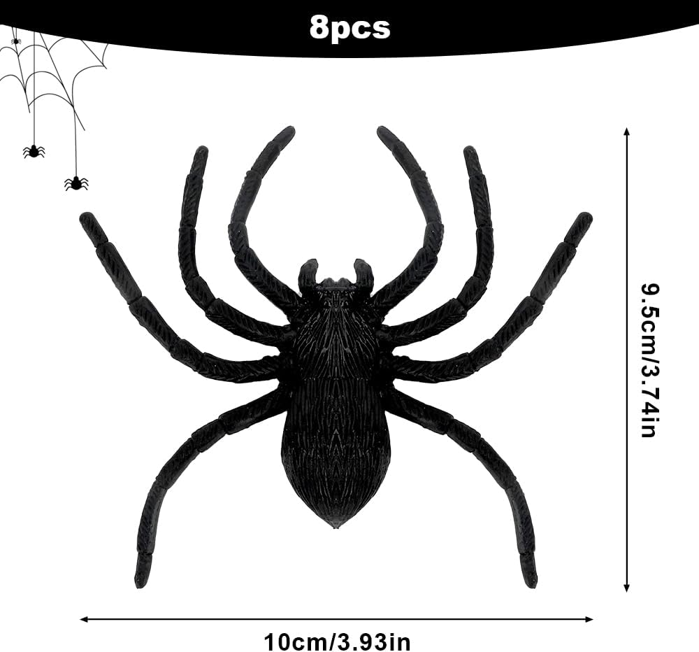 Plastic Spider Halloween Decorations - 8PCS Black Large Spider Web Decoration, Realistic Prank Props, Scare Fun Practical Surprise Joke Toys, 3.9 X 3.7 Inches image number 4