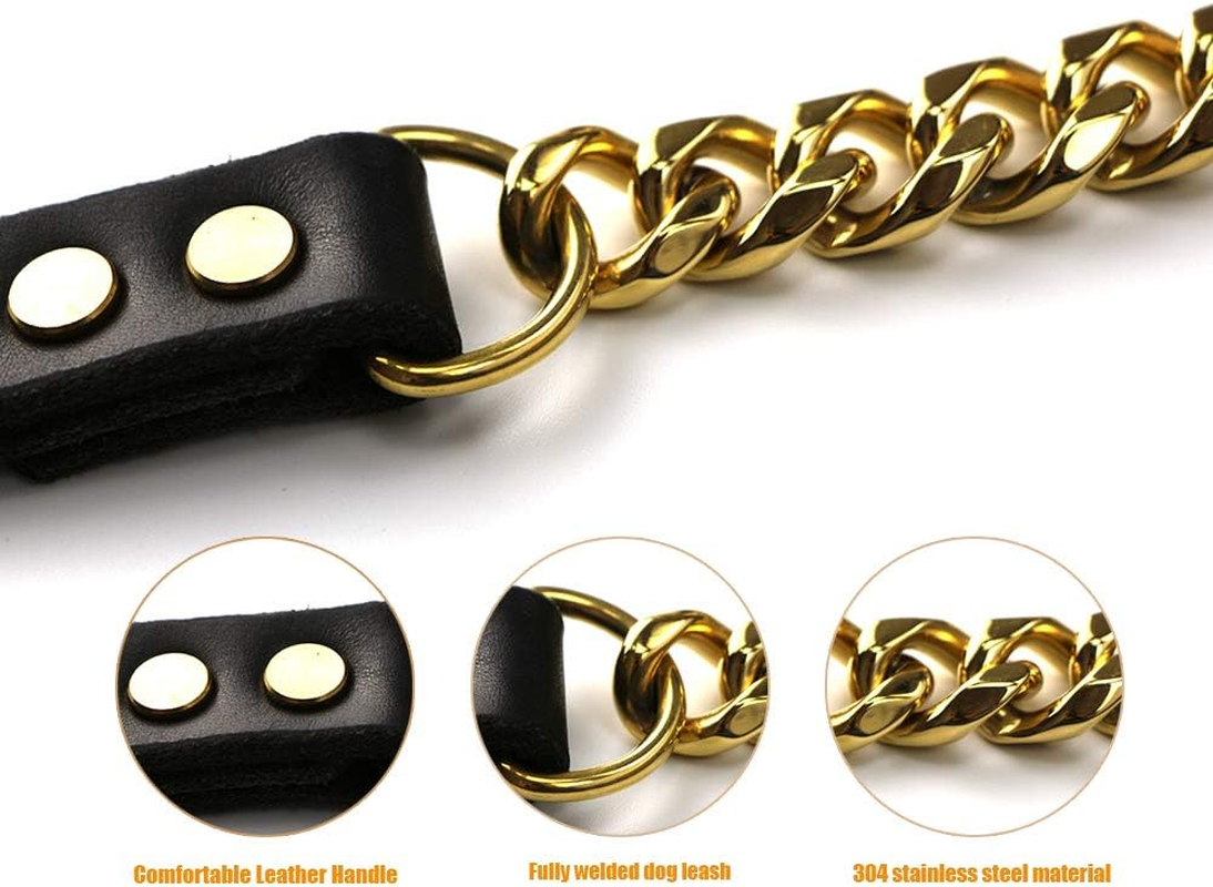 Gold Chain Leash for Large Dogs Metal Chew Proof 19 Mm Heavy Duty Fully Welded Stainless Steel Pet Leash Chain with Leather Padded Handle image number 3