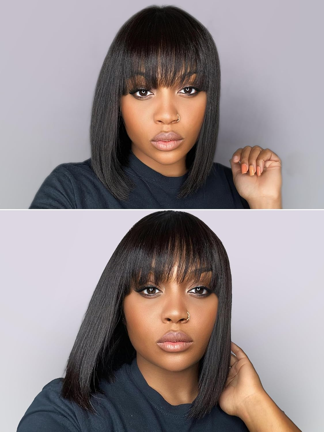 LUVME HAIR 10 Inch Light Yaki Straight Bob Wig with Bangs Human Hair Realistic HD Lace Short Black Bob Wigs, Ready to Go Blunt Cut Bob Wig Glueless 180 Density image number 1