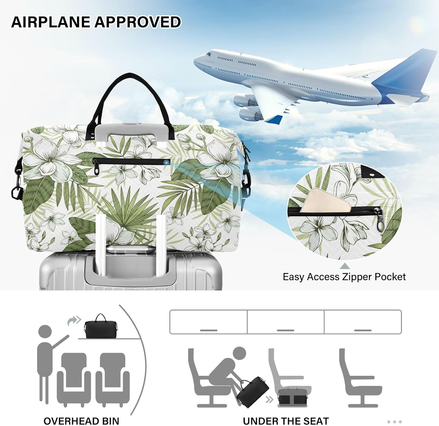 Large Bag Weekender/Overnight Duffel Tropical Flower White Jasmine Frangipani Sports Duffel Bags With, Tropical Flower White Jasmine Frangipani, Set of 2, Art Deco image number 1