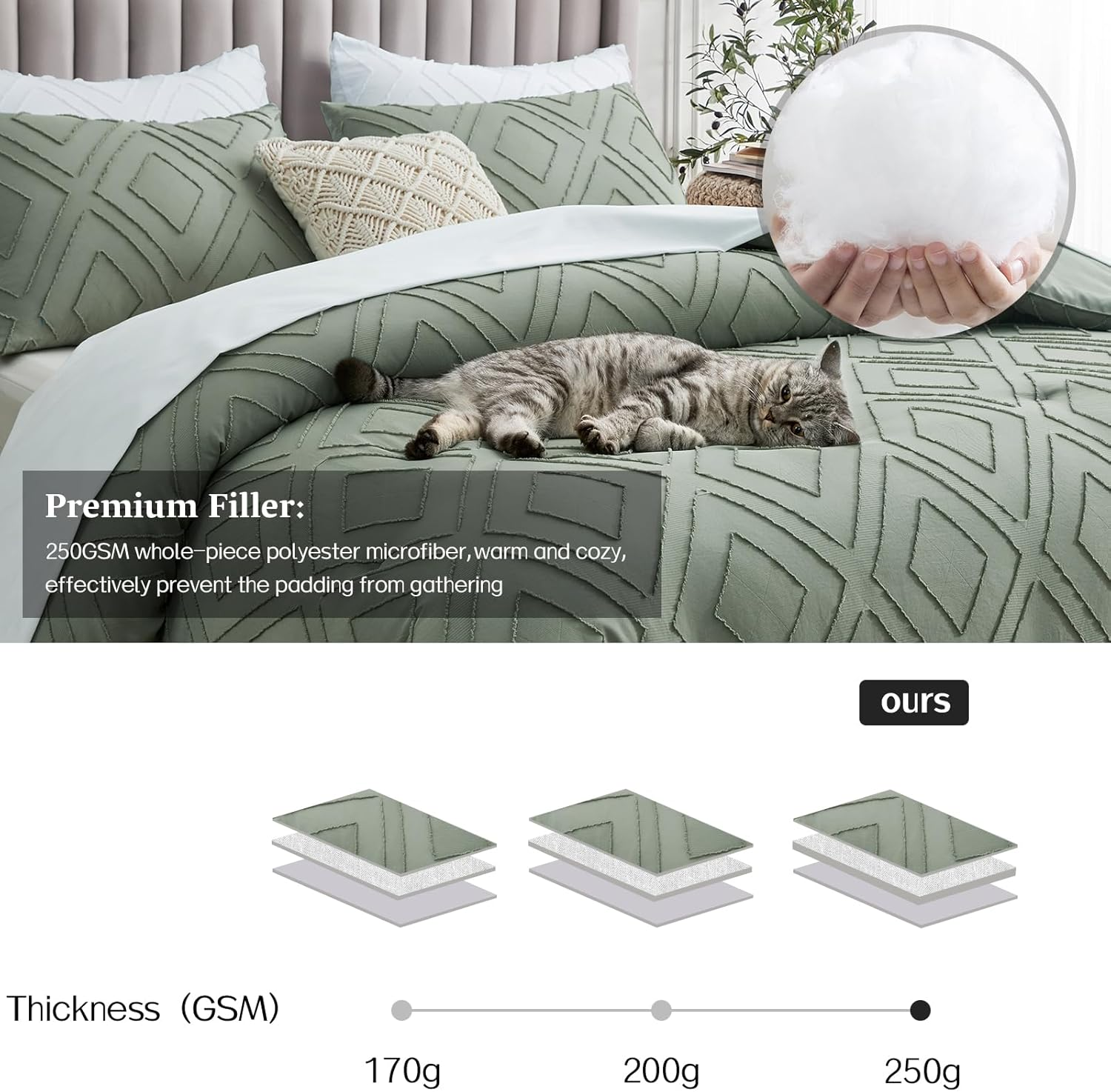 Boho Queen Comforter Set,Sage Green Rhombus Tufted Queen Size Comforter Set with Corner Loops,3 Pieces Embroidery Shabby Chic Bedding Comforter Sets for All Seasons(Sage Green,Queen) image number 6