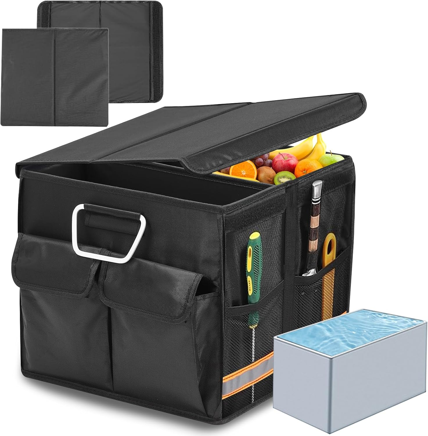 IEHOME Car Trunk Organizer, 36L Collapsible Multi Compartment Black SUV, RV, Car Organizer with Non Slip Base, Waterproof Bag & Reflective Strip image number 2