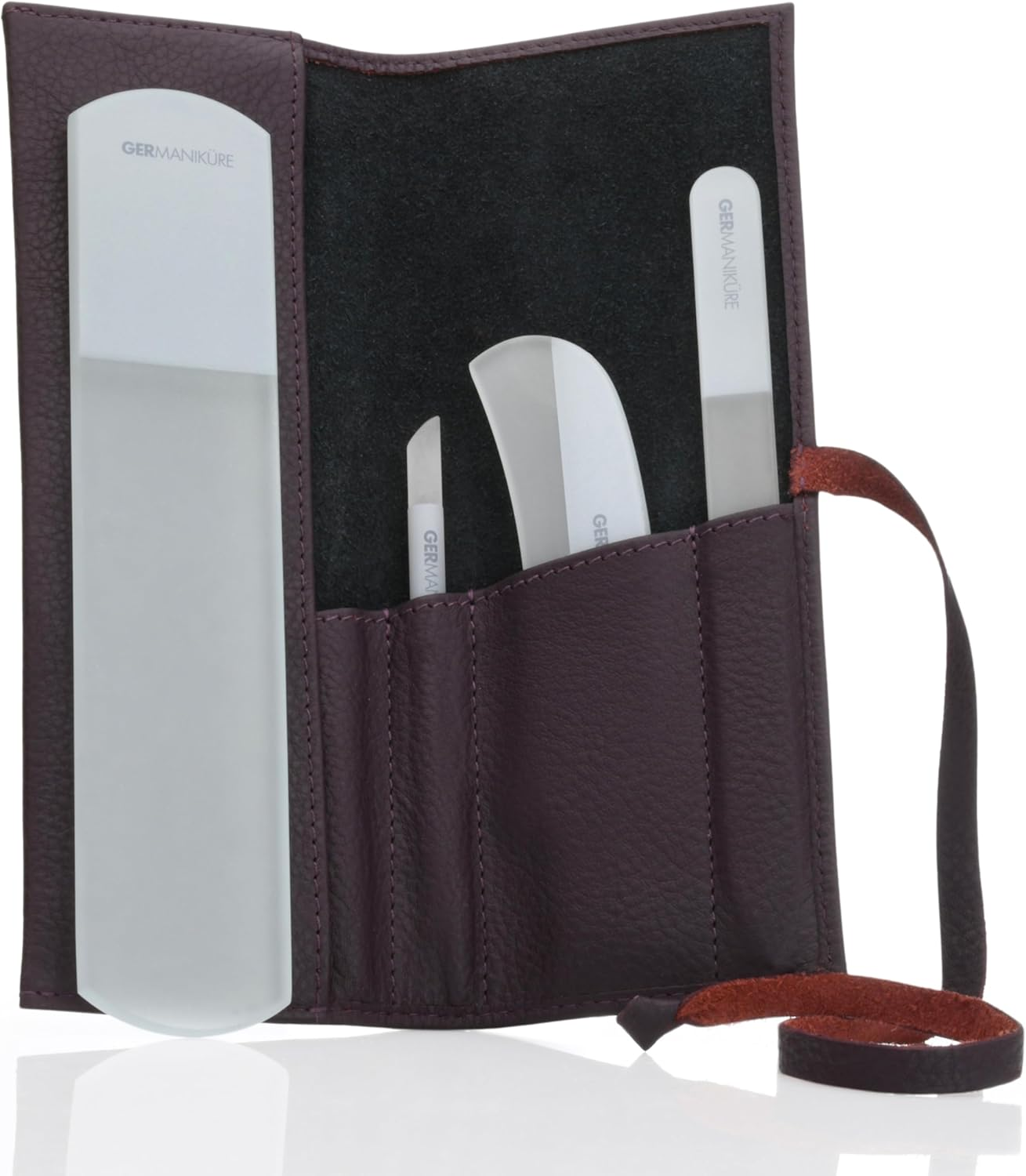 Germanikure 4Pc Genuine Crystal Glass Nail File Set - Moon File, Manicure Stick, Nail File, Pedicure Bar in Leather