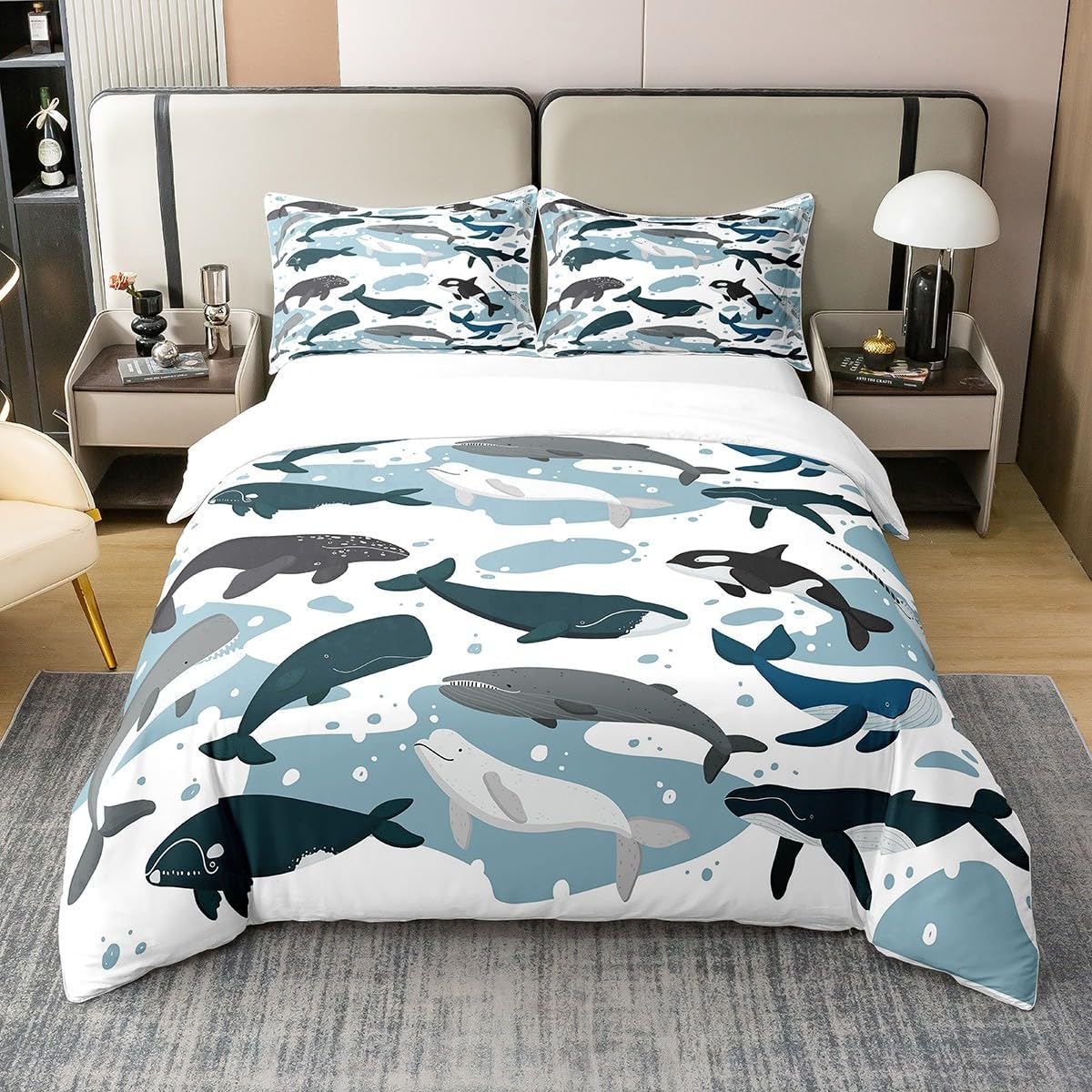 Ocean Life 100% Cotton Duvet Cover 155 X 220, Cartoon Shark Whale Bed Linen, Colourful Underwater World Comforter Cover, Abstract Geometric Sea Wave Quilt Cover, Starfish Sea Animals Bed Linen, Blue
