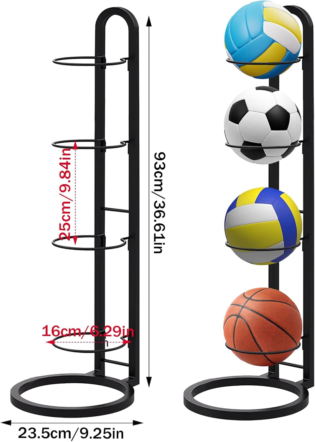4-Tier Vertical Ball Storage Rack Ball Storage Rack Removable Vertical Display Sports Equipment Organizer Space-Saving Durable for Basketball Volleyball Football Rugby Badminton image number 4