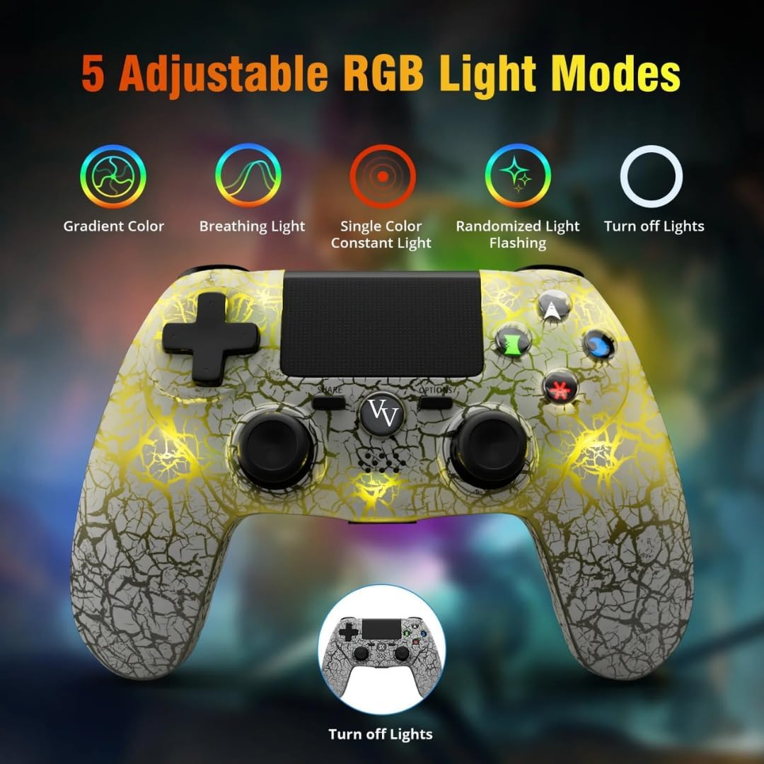Venture Verse RGB Wireless Controller Made for Ps4,Wireless Remote Control Compatible with Playstation 4/Slim/Pro,With Double Shock/Audio/Six-Axis Motion Sensor(Cracked White)