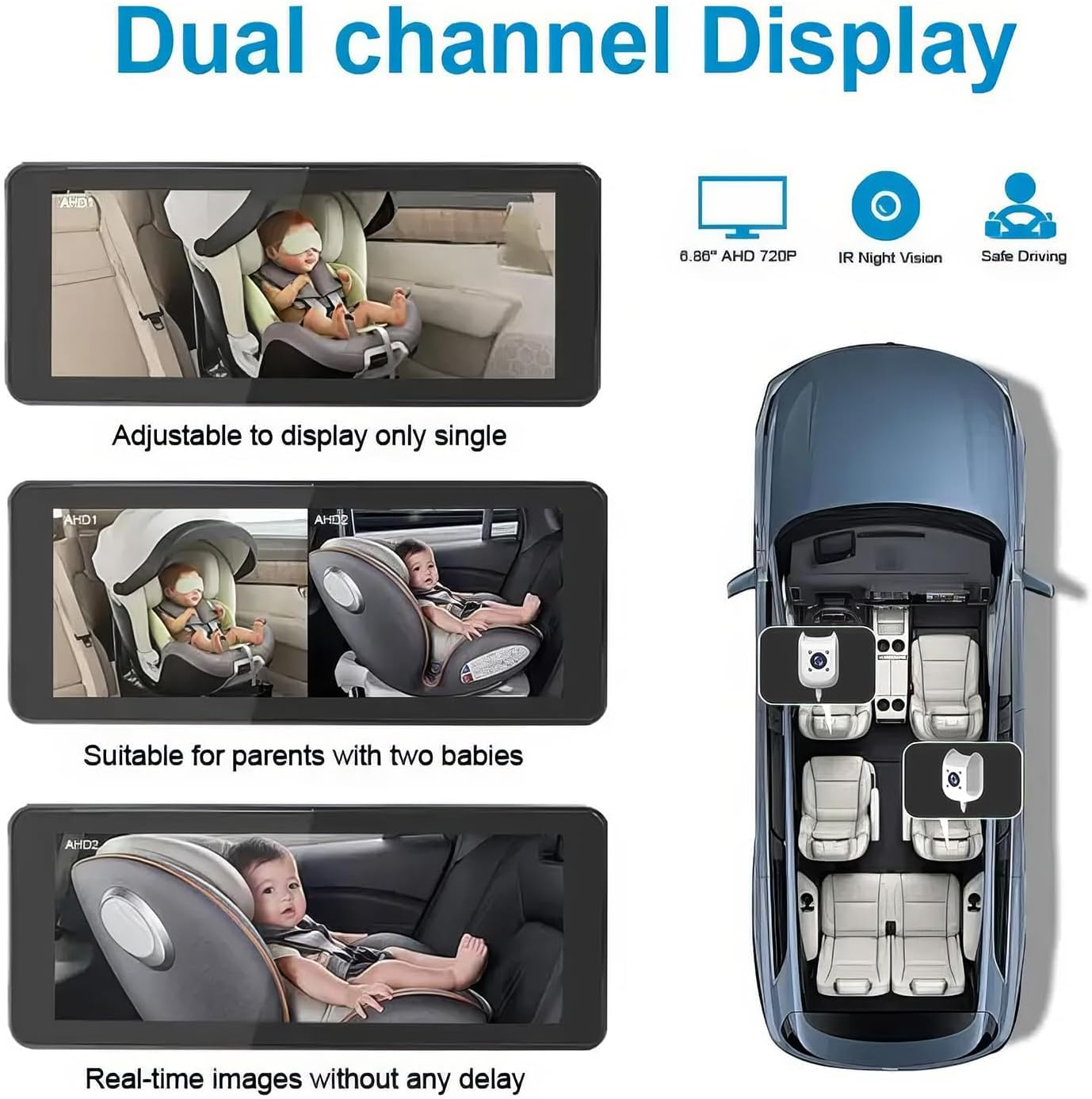 7 Inch Baby Monitor, Split Screen Baby Car Camera 2 Cameras, Baby Car Monitor Can Be Bent at Will, Ultrawide Baby Camera No Wifi with Night Vision image number 4