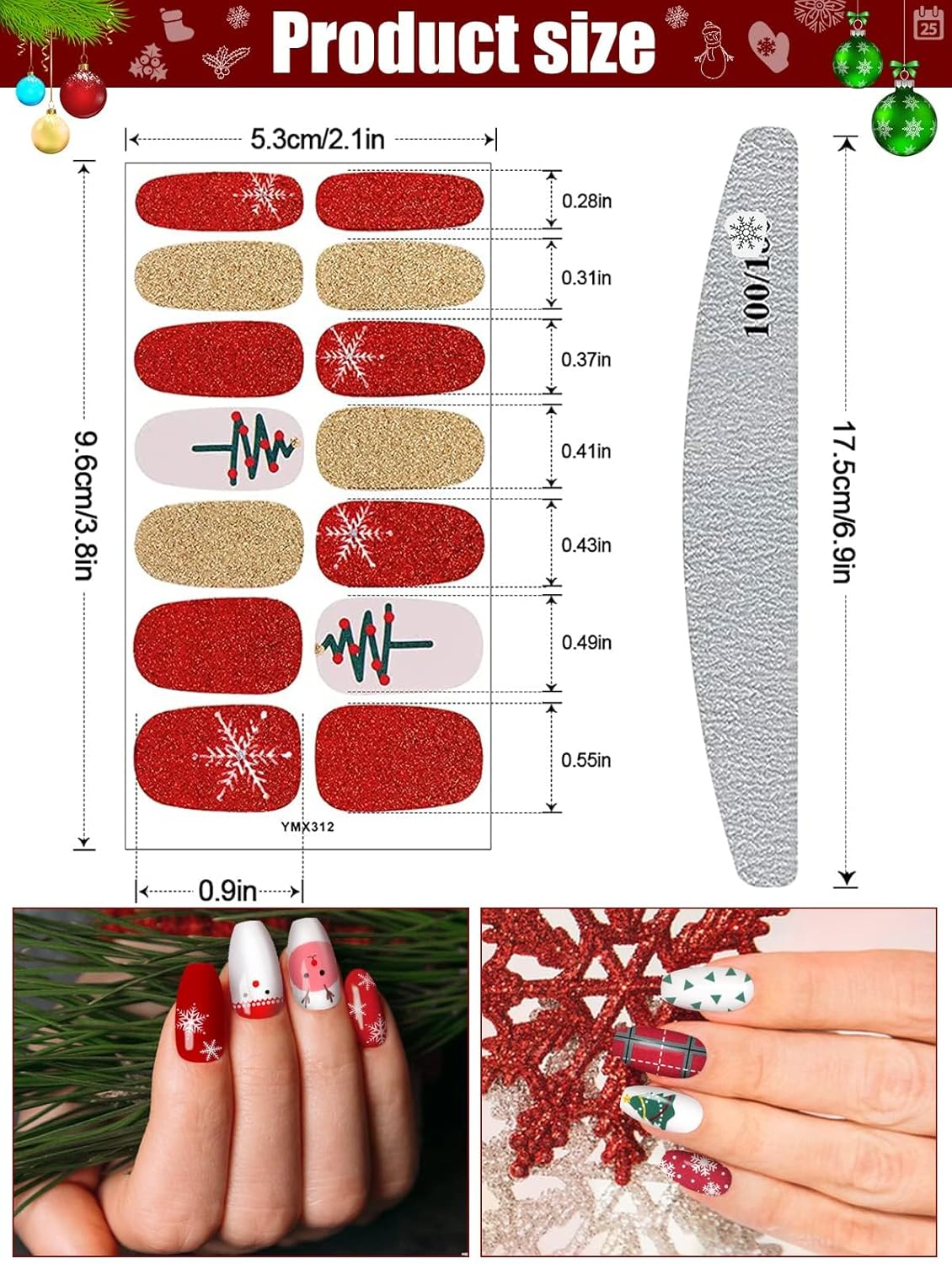 Kalolary 8Sheets Christmas Full Wraps Self-Adhesive Nail Polish Stickers with 1Pcs Nail File, Christmas DIY Nail Art Stencil Christmas Tree Snowflake Elk Nail Wraps Decal Strips Manicure Kit