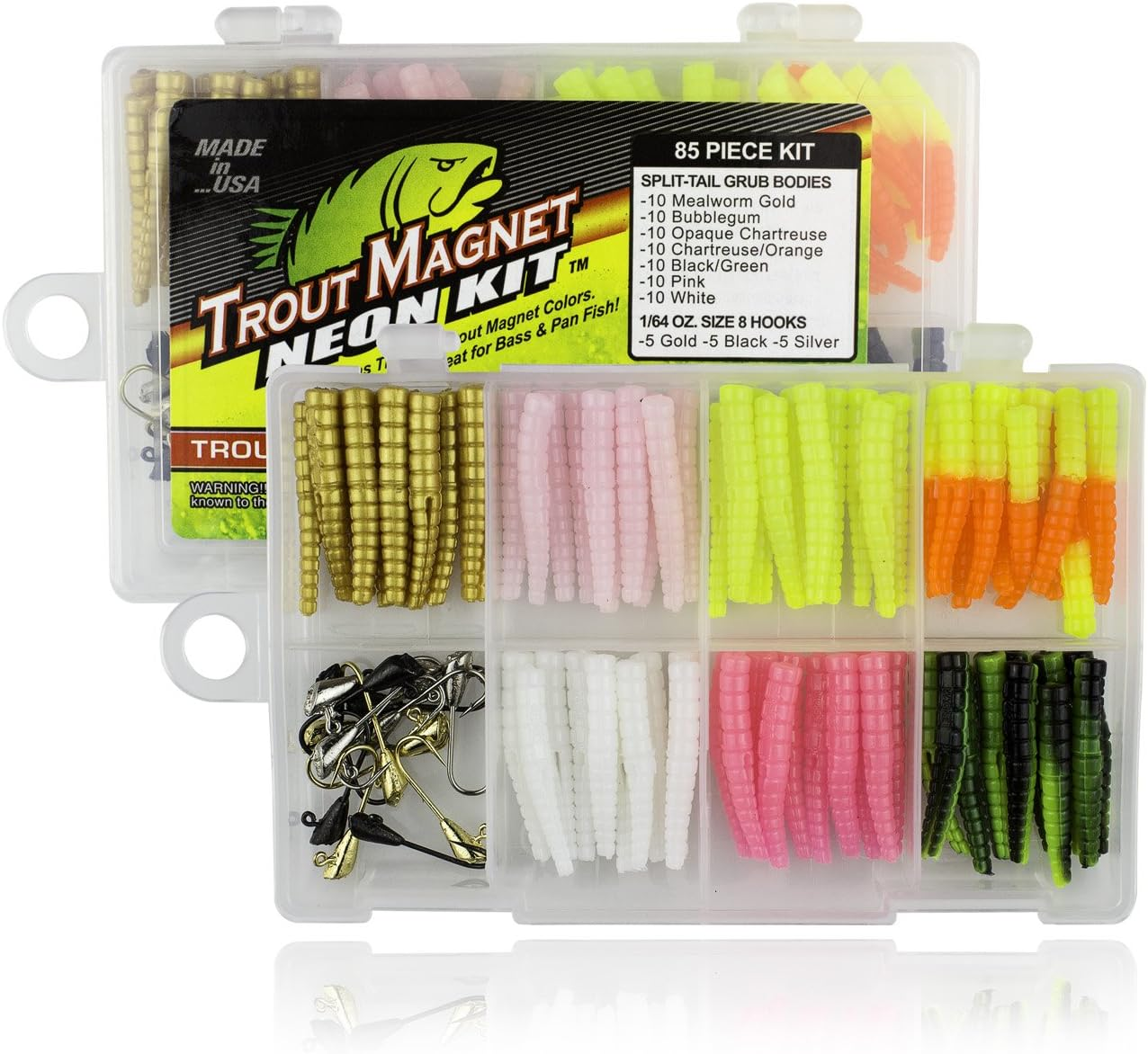 Trout Magnet Trout Fishing Gear Kit - Ultimate Neon Bundle - 85Pc Grub Lure Set with Neon Bait and Hooks, 350 Yard Trout S.O.S. Line Spool, Fluorocarbon Phantom Leader Line, 4 E-Ztrout Floats image number 1